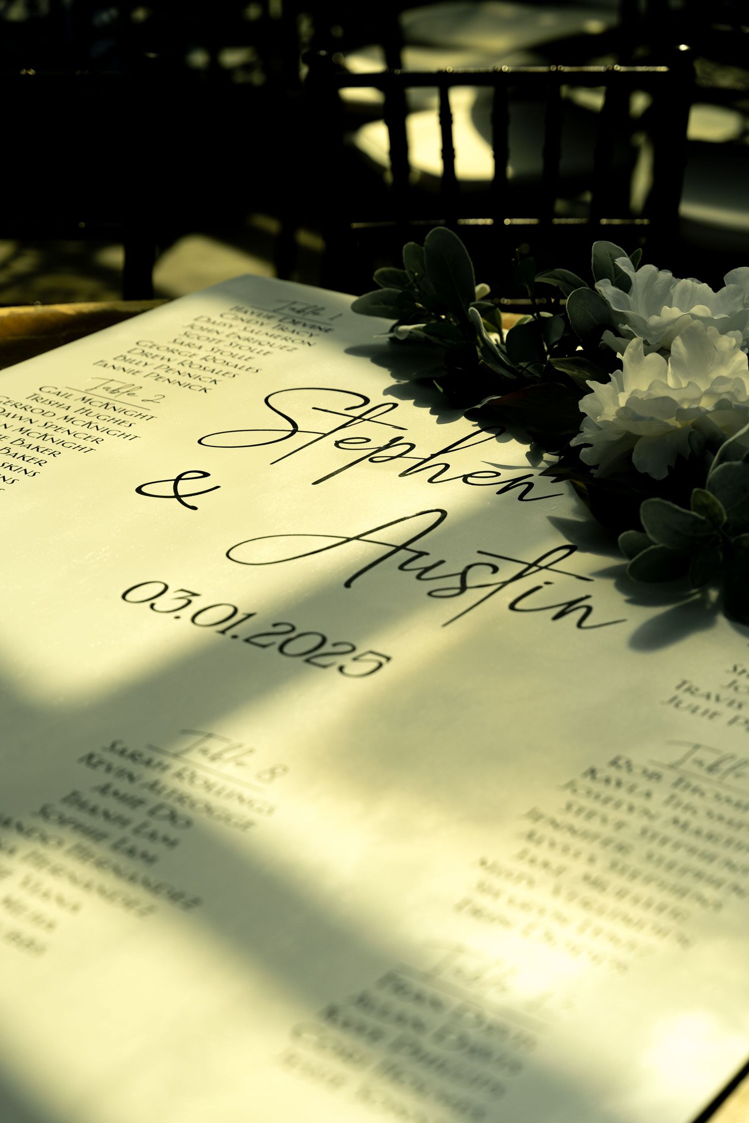 Close-up of an elegant wedding guest book page with decorative flowers and calligraphy.