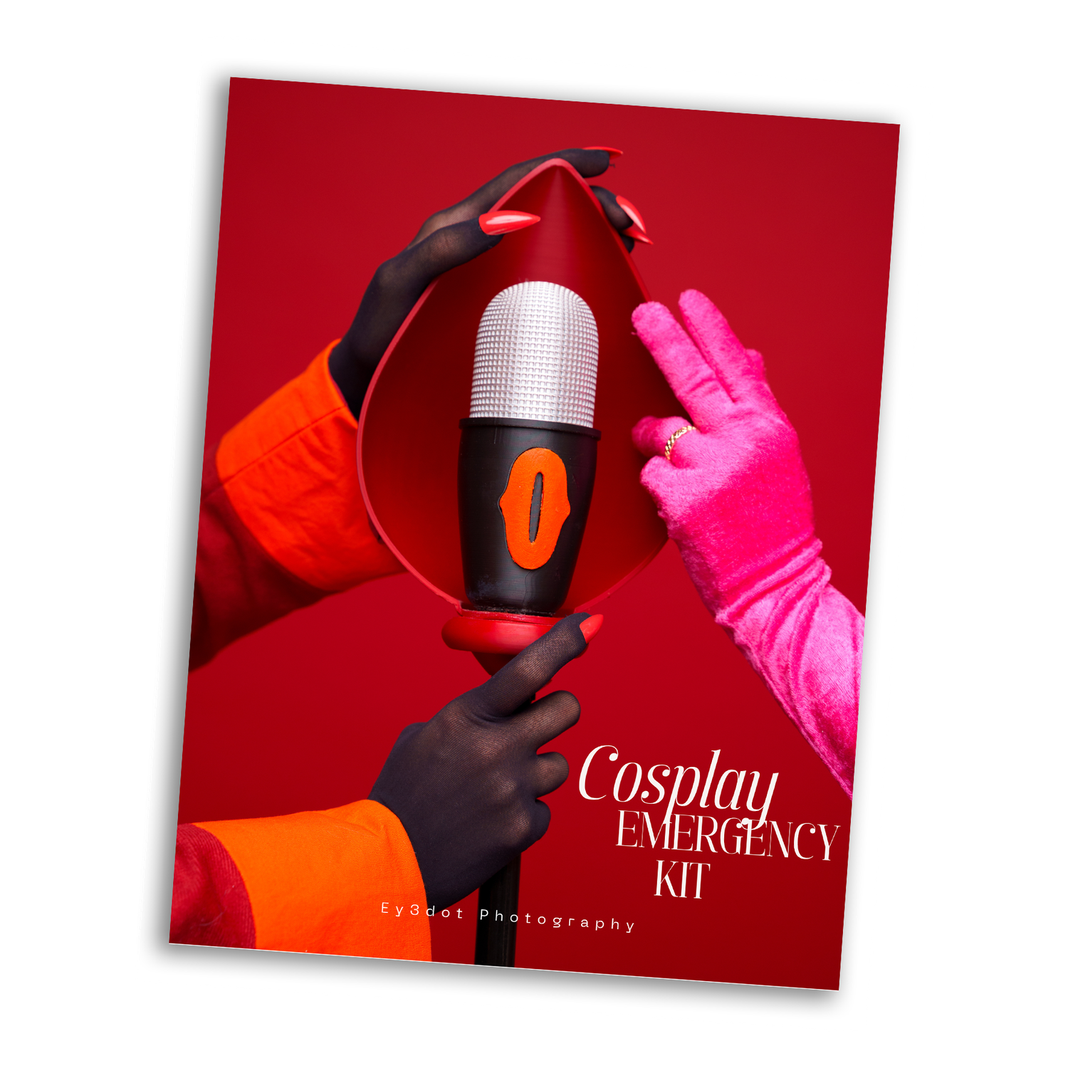 Cosplay Emergency Kit book cover featuring colorful hands holding a microphone against a bold red background.