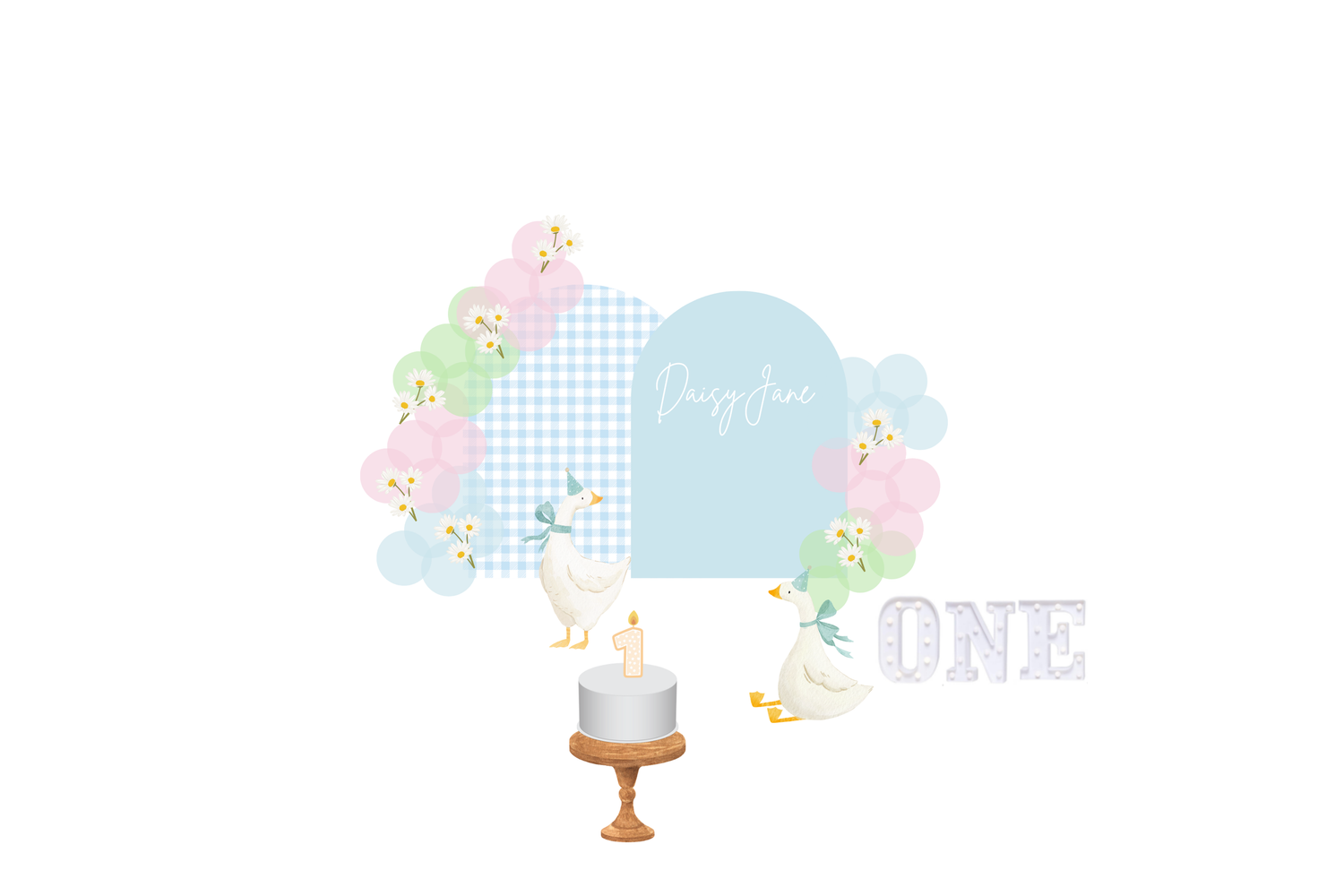 A pastel first birthday party setup with duck decorations, balloon arch, blue arch backdrop, cake on stand, and ONE letter sign.