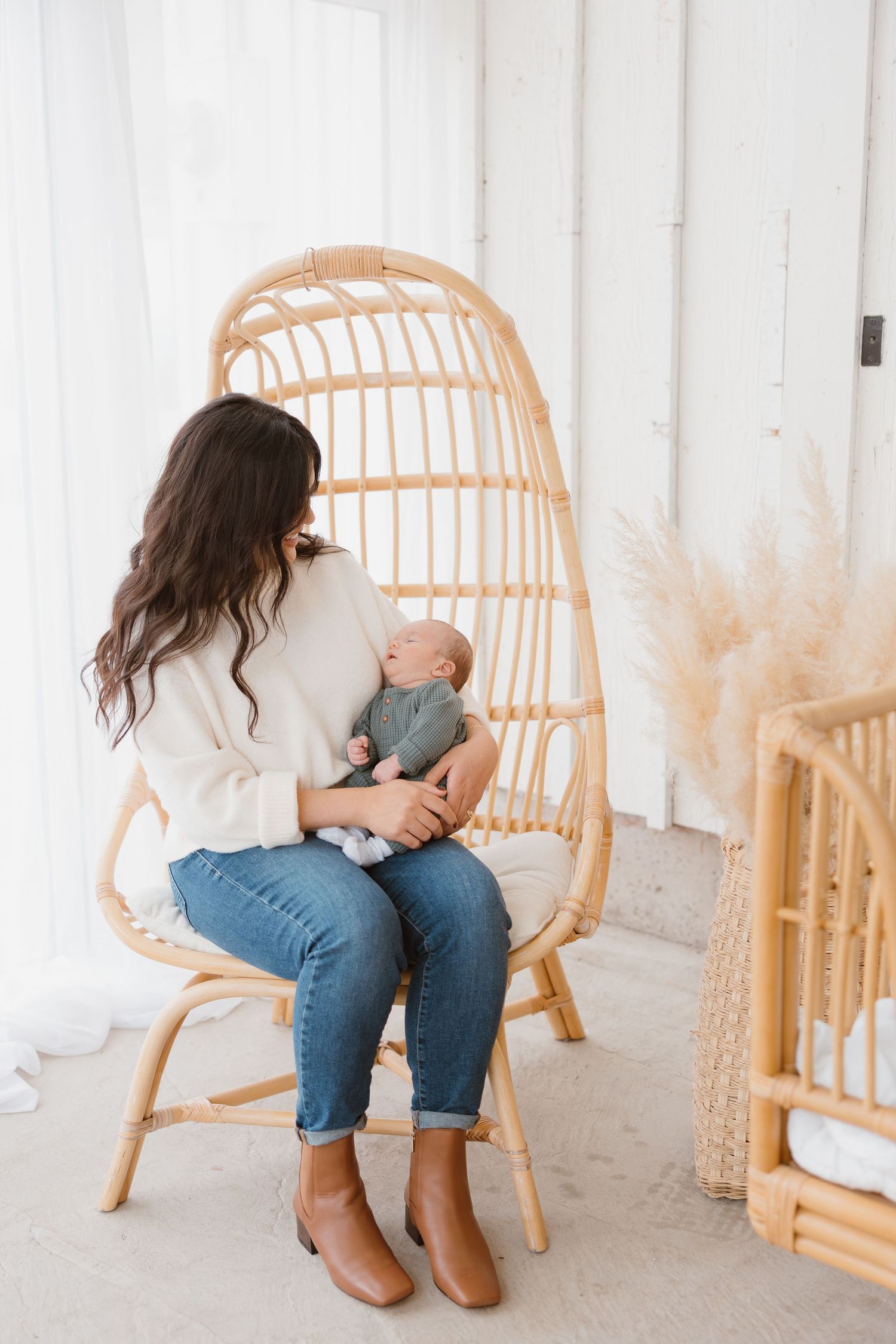 Sequential photos of someone sitting in a rattan chair against a white wall with soft natural lighting.