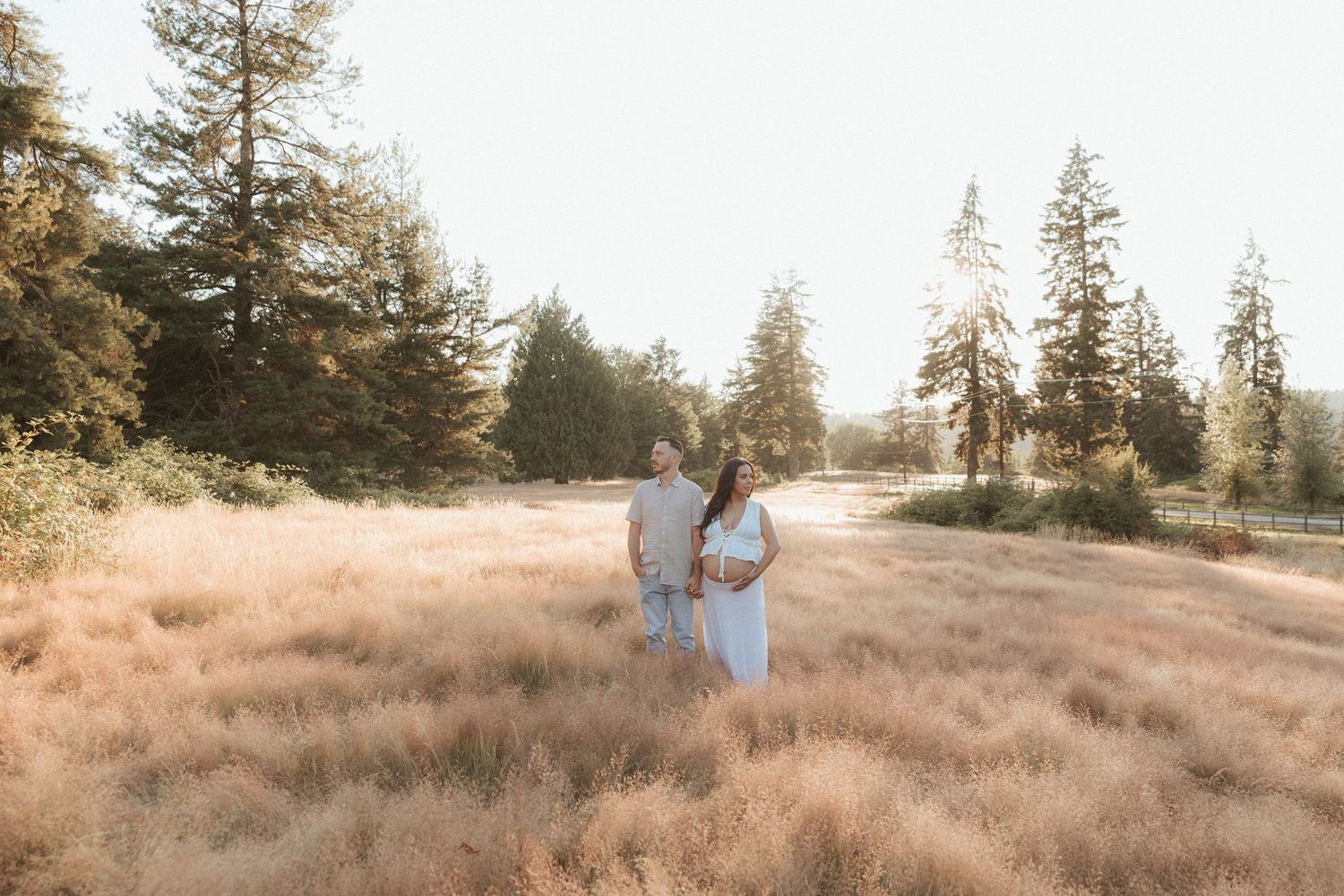 A couple stands hand-in-hand in a golden meadow surrounded by tall pine trees during a warm sunset maternity photo session.