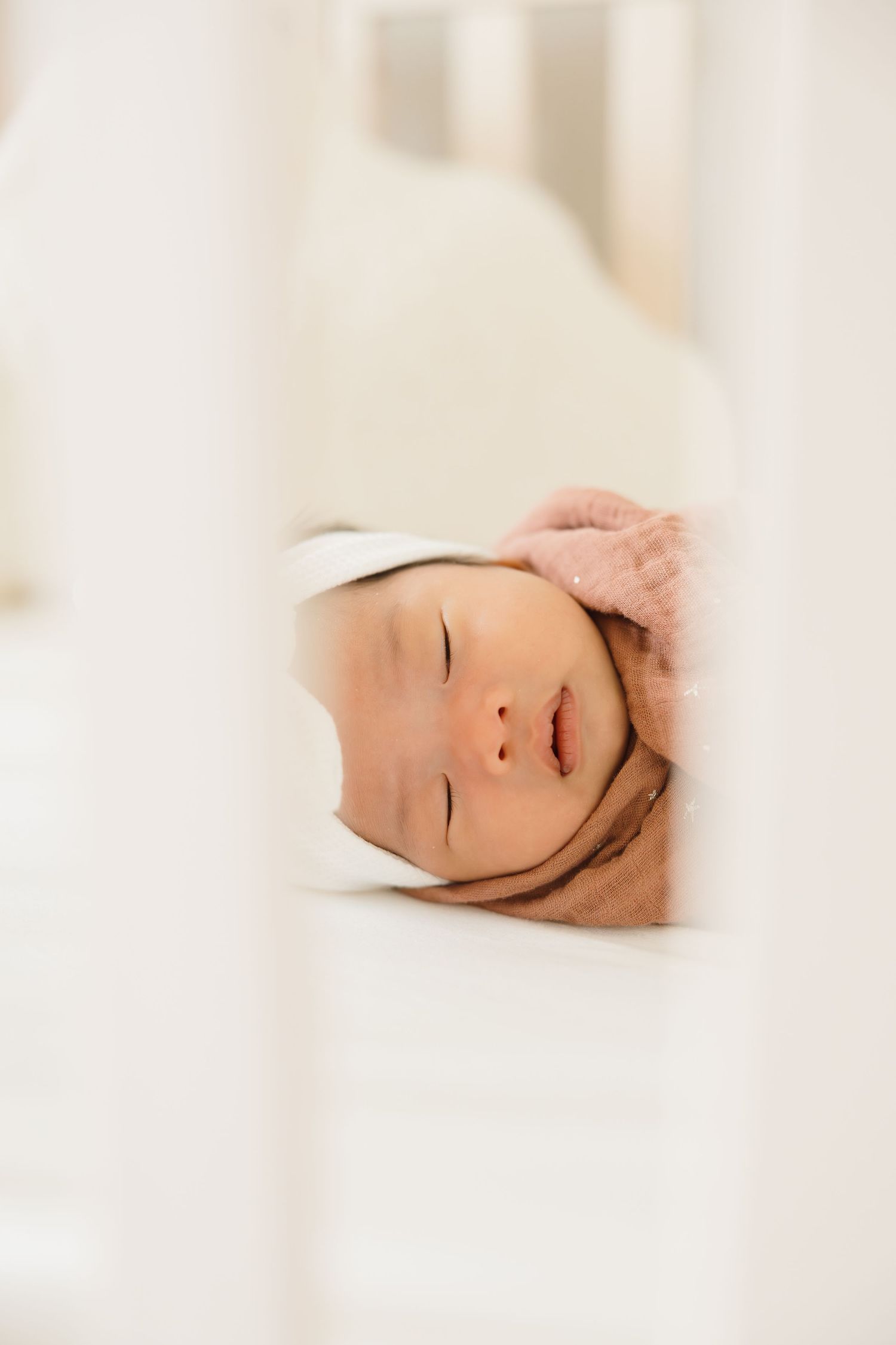 Peaceful sleeping newborn photographed in soft, dreamy lighting.