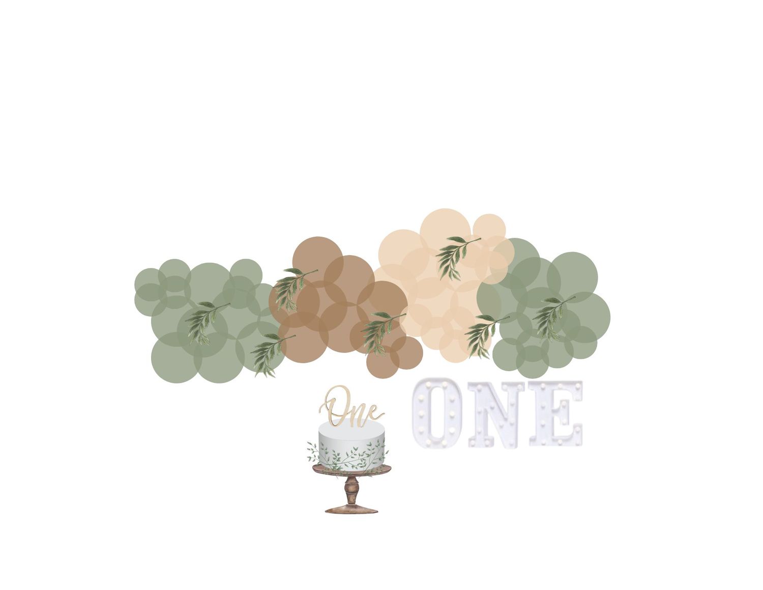 Sage green and neutral balloon garland with a first birthday cake topper and ONE letter display for a boho party.