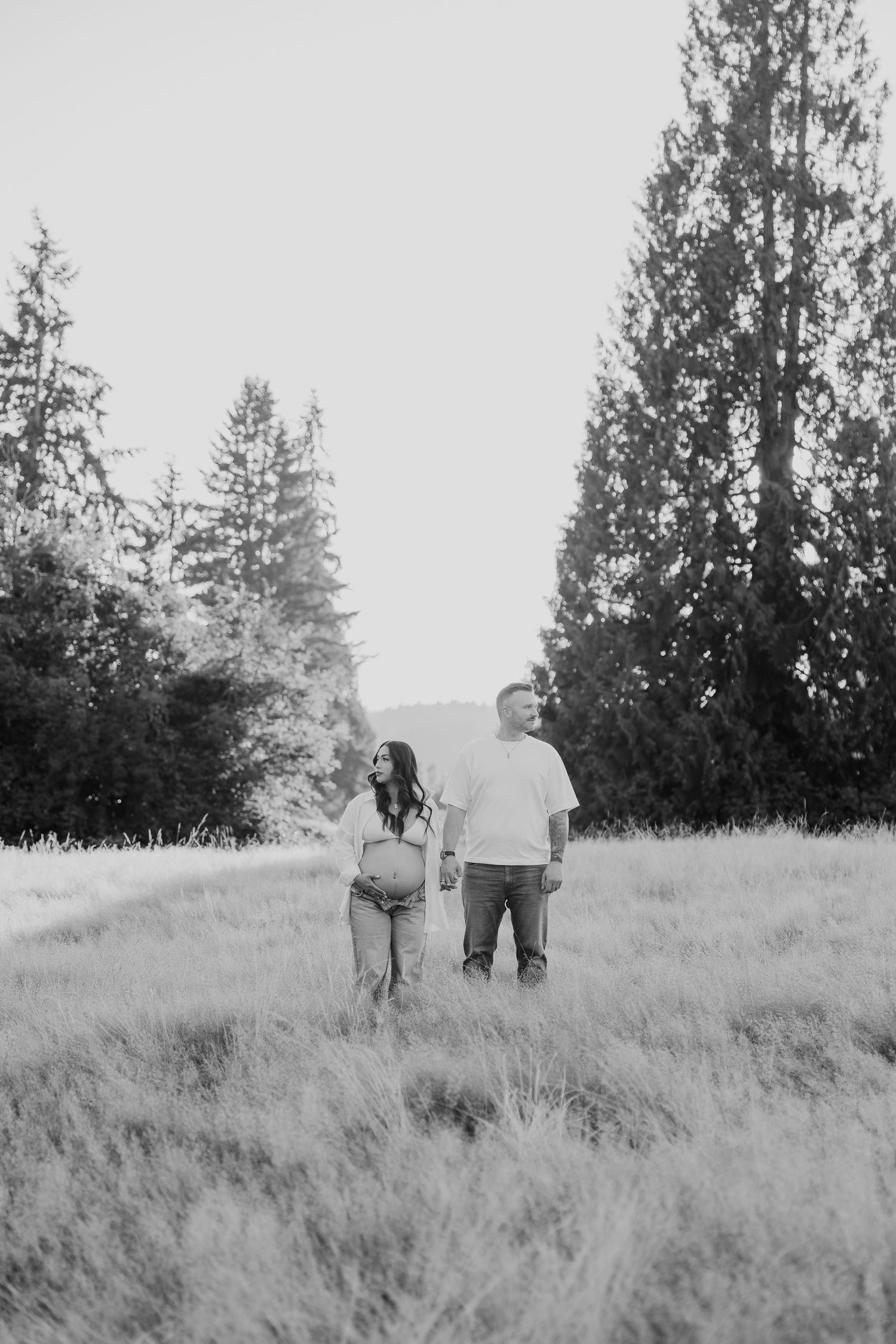 Silhouetted figures walk together through tall grass with evergreen trees in the background.