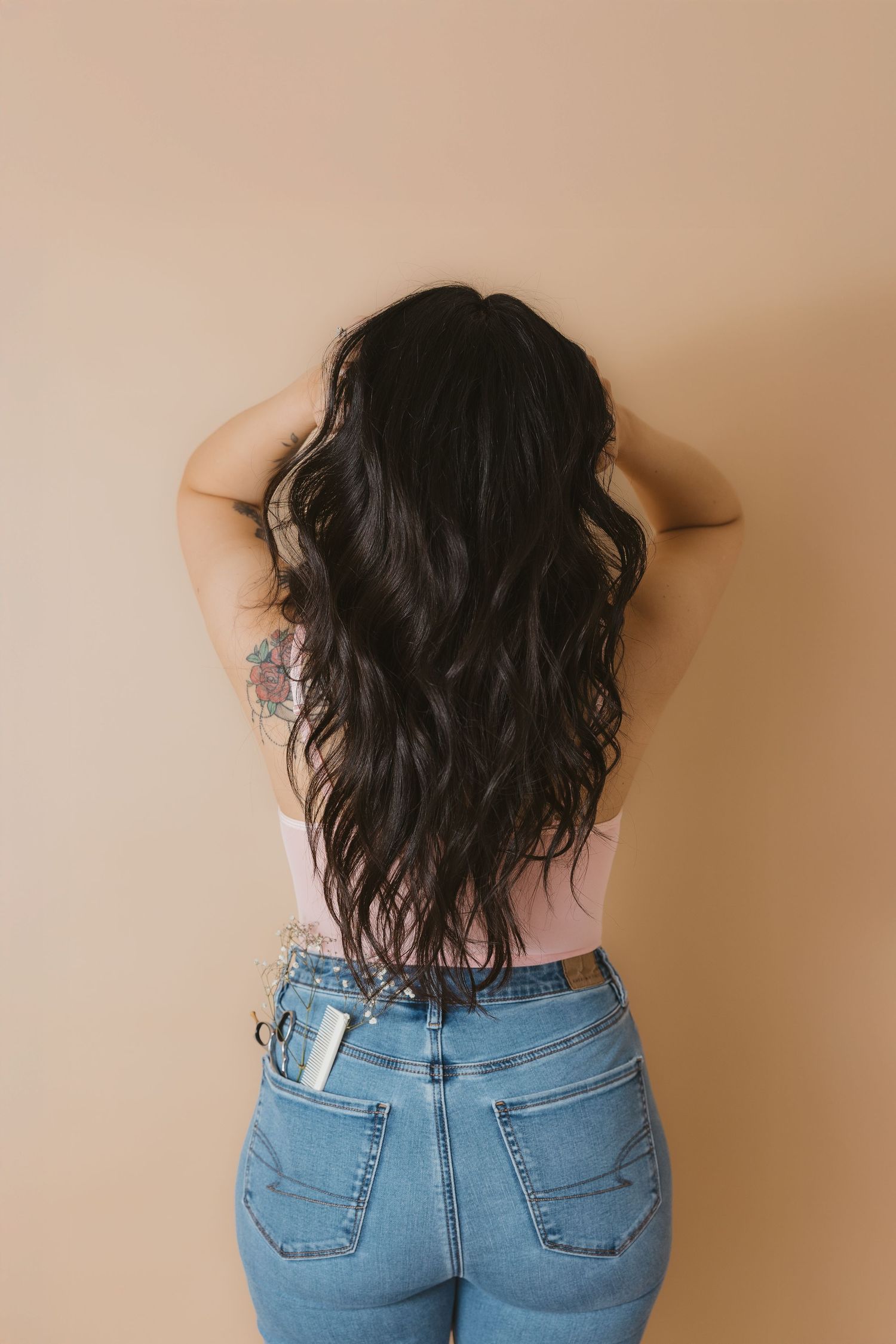 Artistic back view portrait series featuring denim and casual styling.