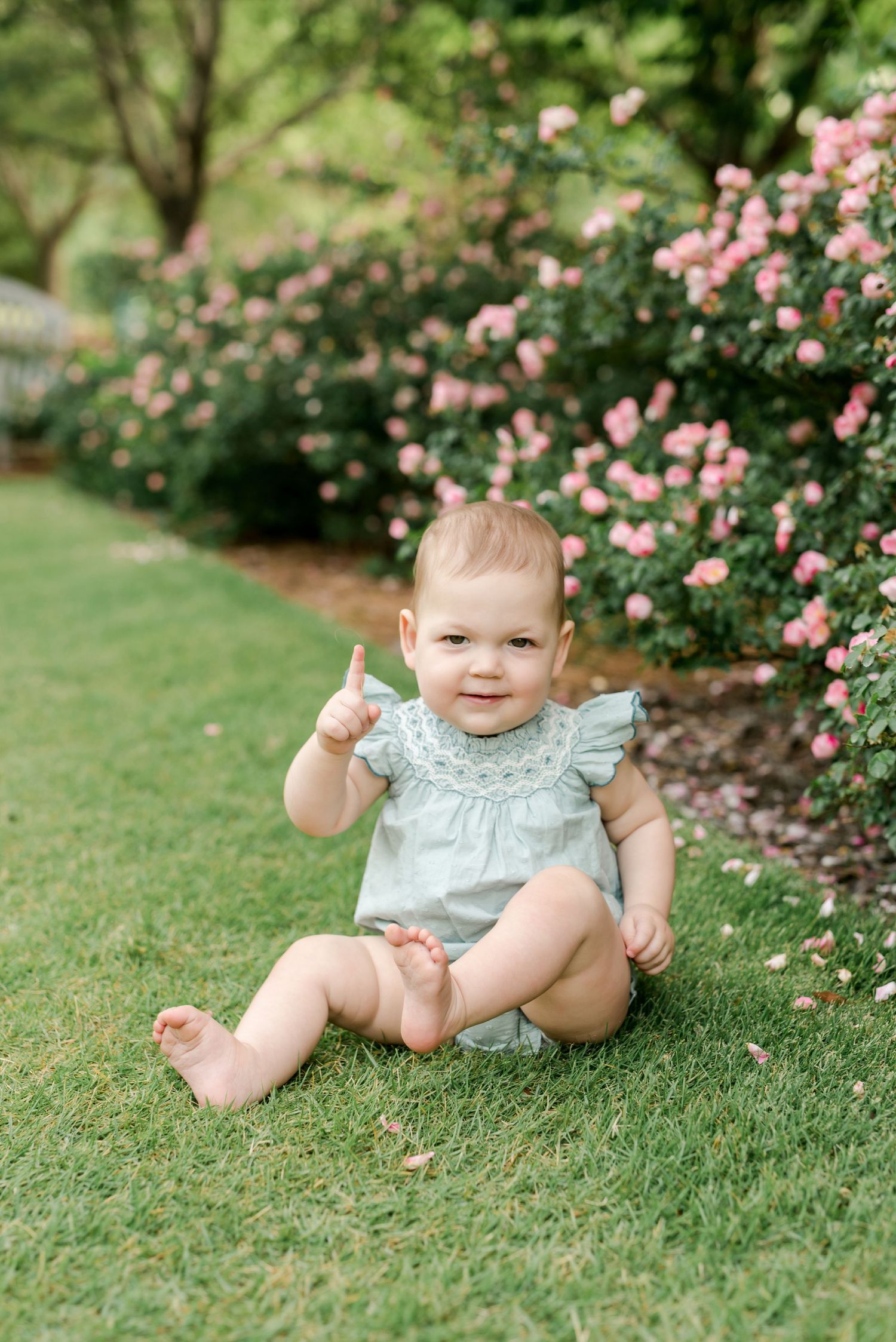 Baby in ruffled outfit sitting on grass near blooming pink roses in garden setting.