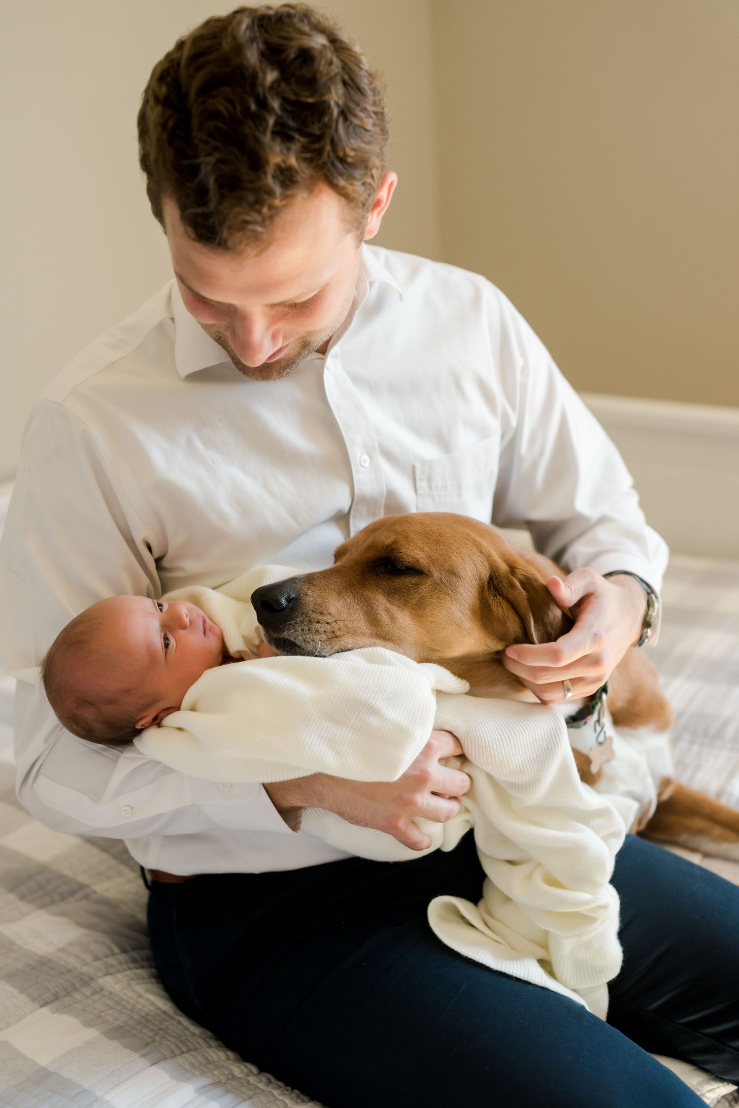 A sweet moment as a brown dog snuggles up to a tiny baby wrapped in white while being held.