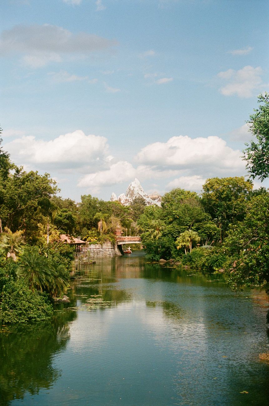 A scenic view of a theme park river with lush greenery and a mountain peak in the distance.