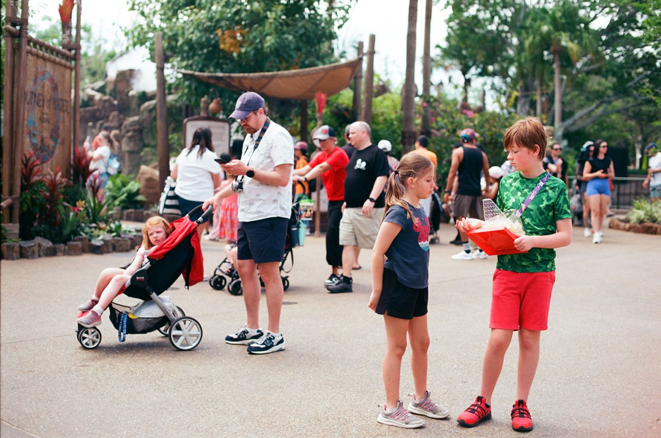 Theme park visitors walking along a path with strollers on a sunny day.
