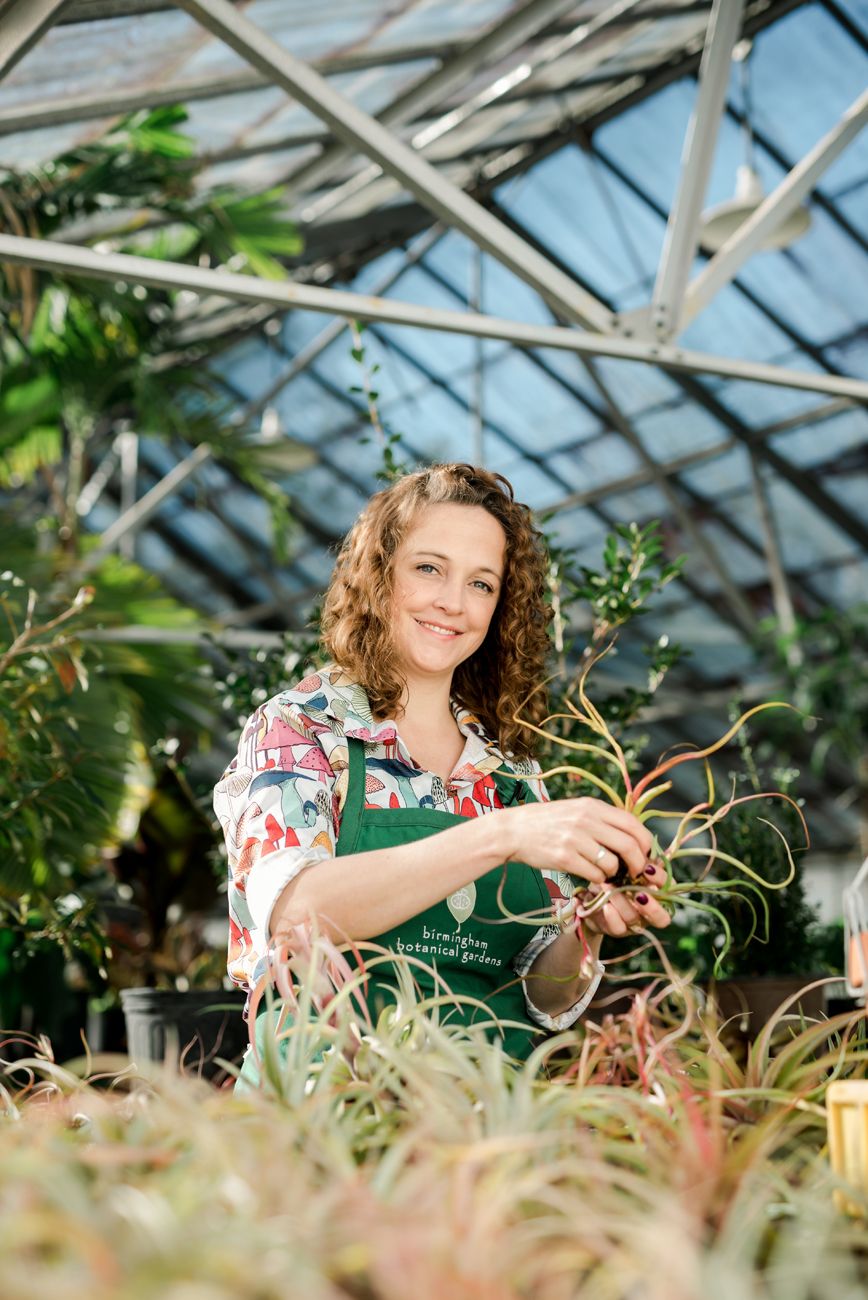 Person in floral shirt and green apron tending to plants in greenhouse.