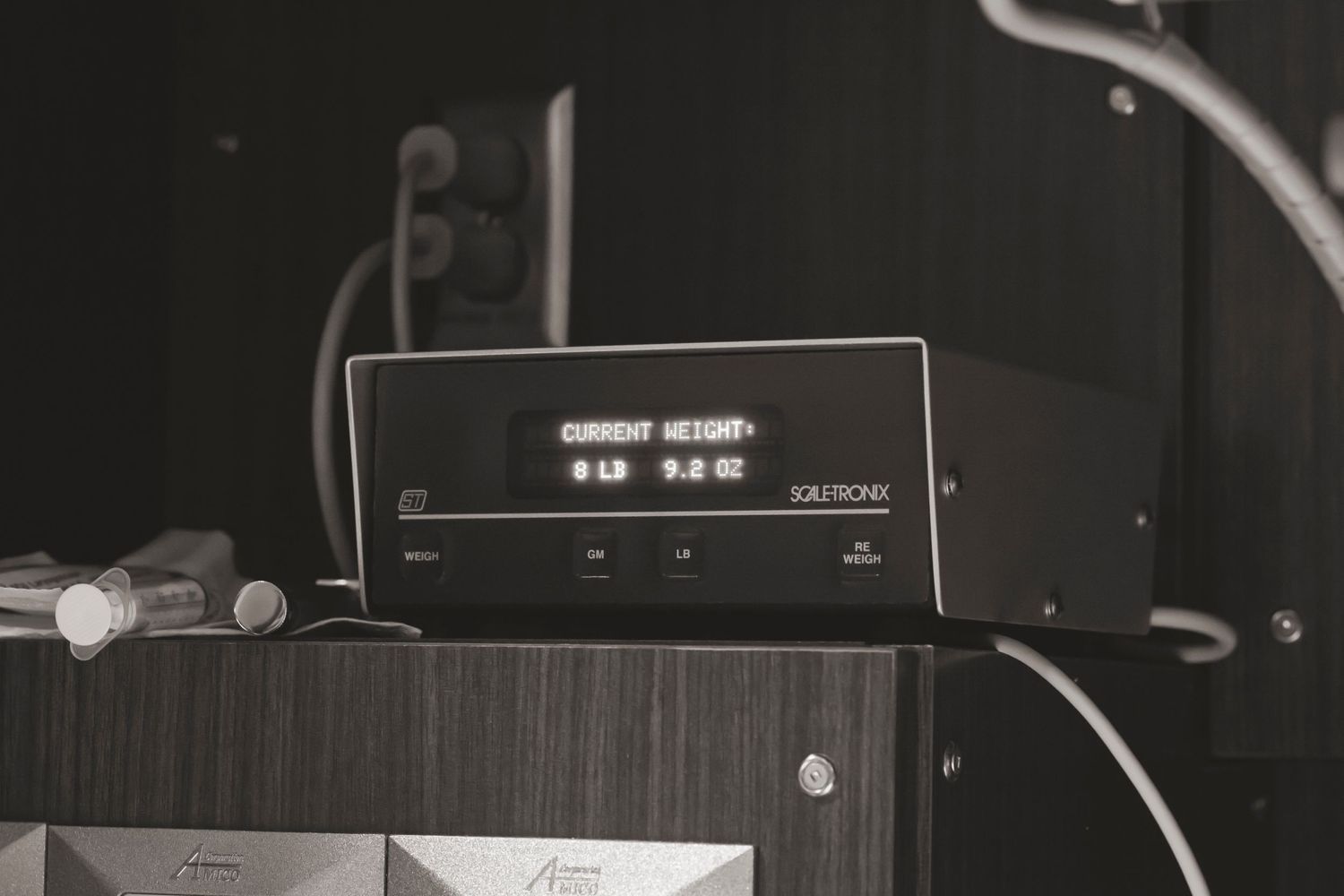 Black and white photo of medical monitoring equipment display screen.