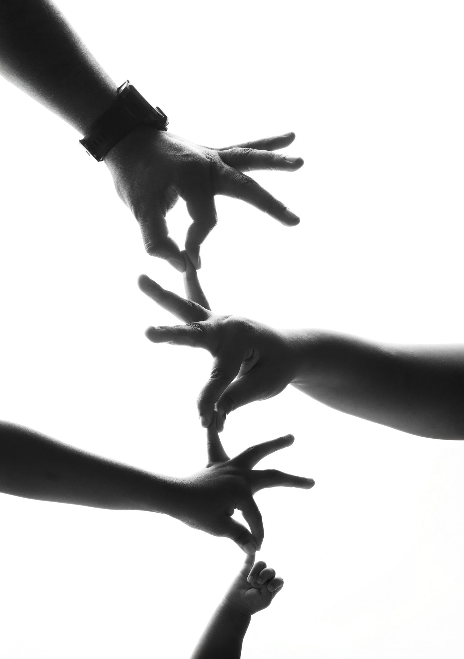 Artistic black and white silhouette of hands reaching across white background.