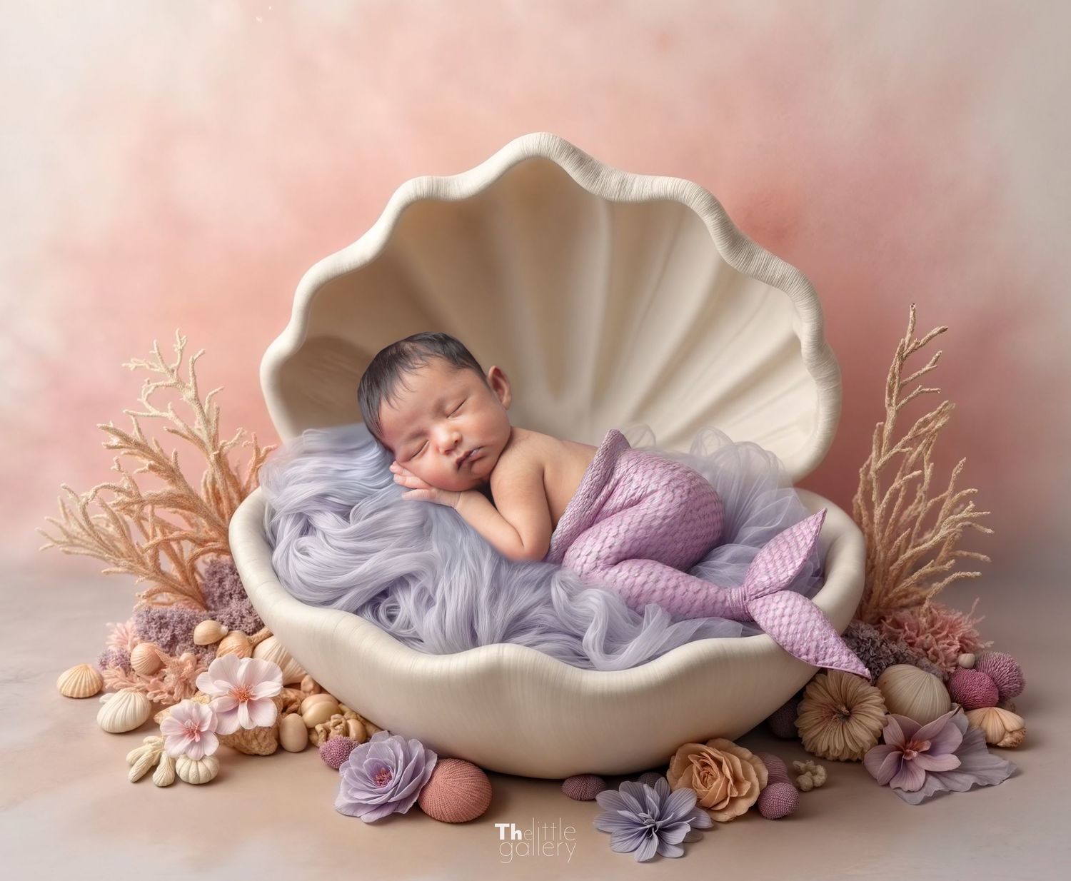 Ethereal newborn portrait in shell-shaped prop with purple fabric and dried flowers.