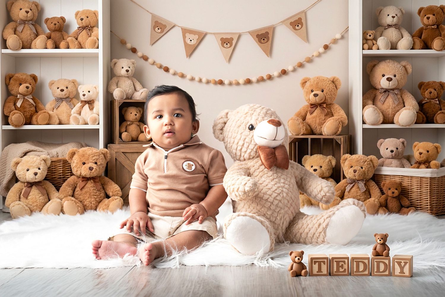 Cozy nursery scene with teddy bears, bunting banners, and soft neutral decor.