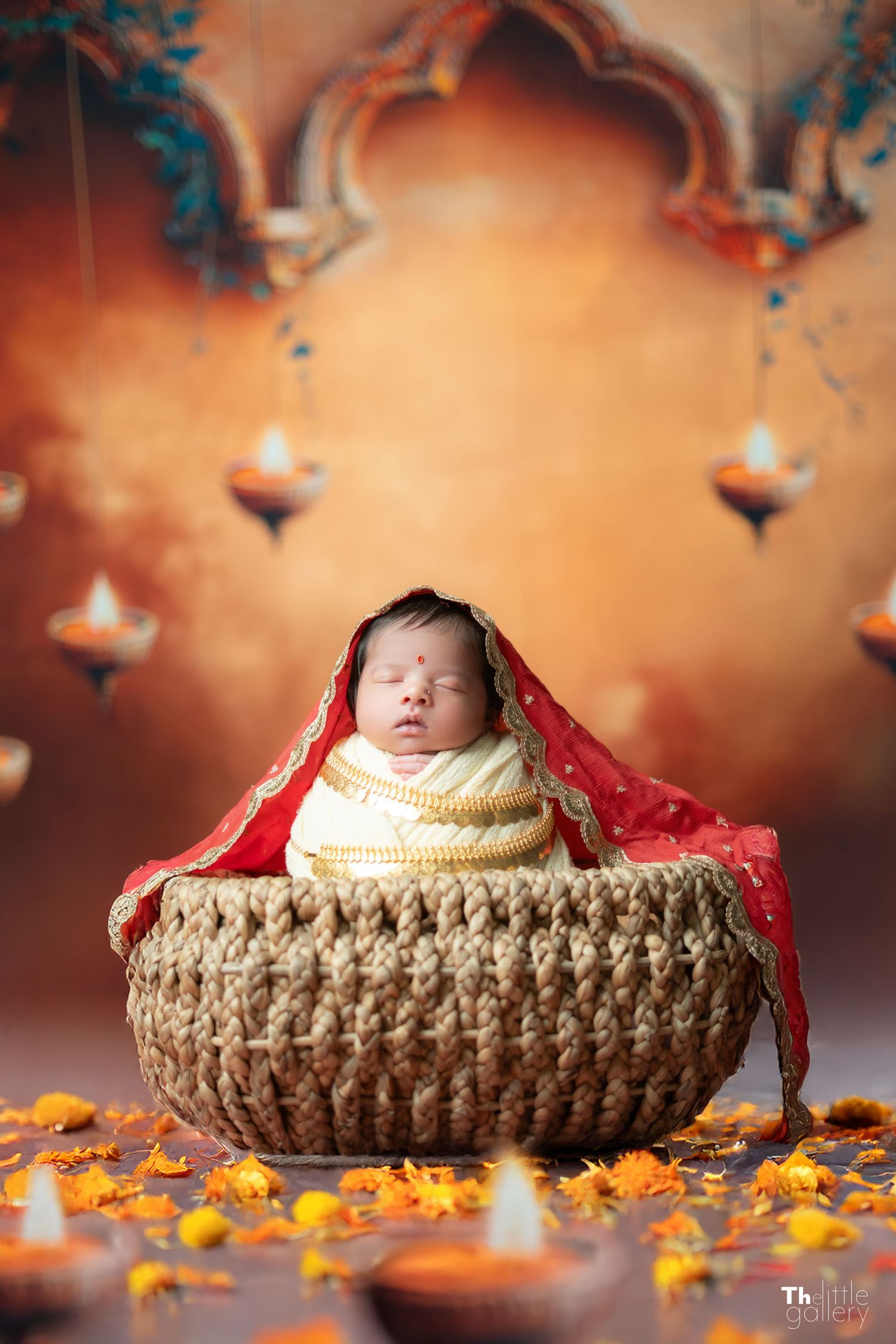 Cozy fall photography setup with knit basket and warm lighting.