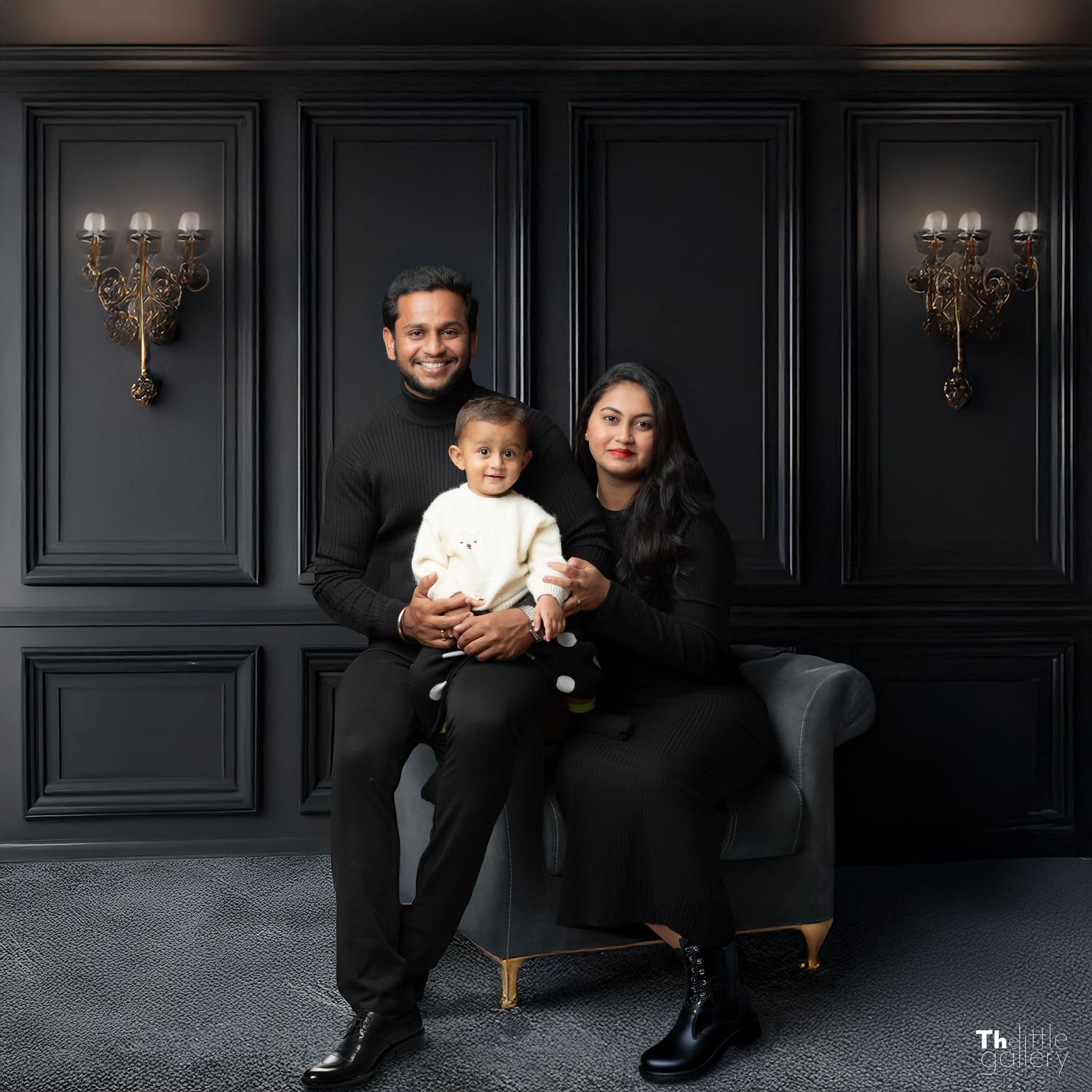 Elegant black and white studio portraits featuring formal attire and classic poses.