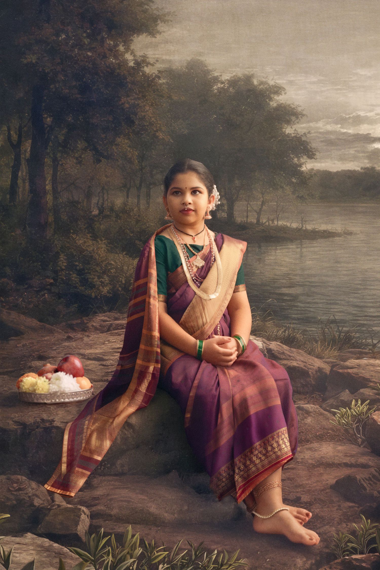 Traditional Indian portrait of a person in a purple sari sitting by a serene lake with fruit basket at sunset.