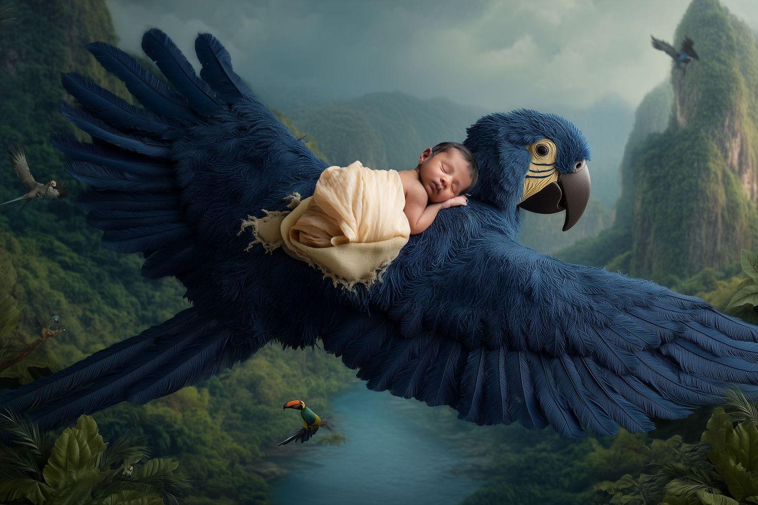 Fantasy-inspired composite photo with dramatic dark wings against mountainous landscape.