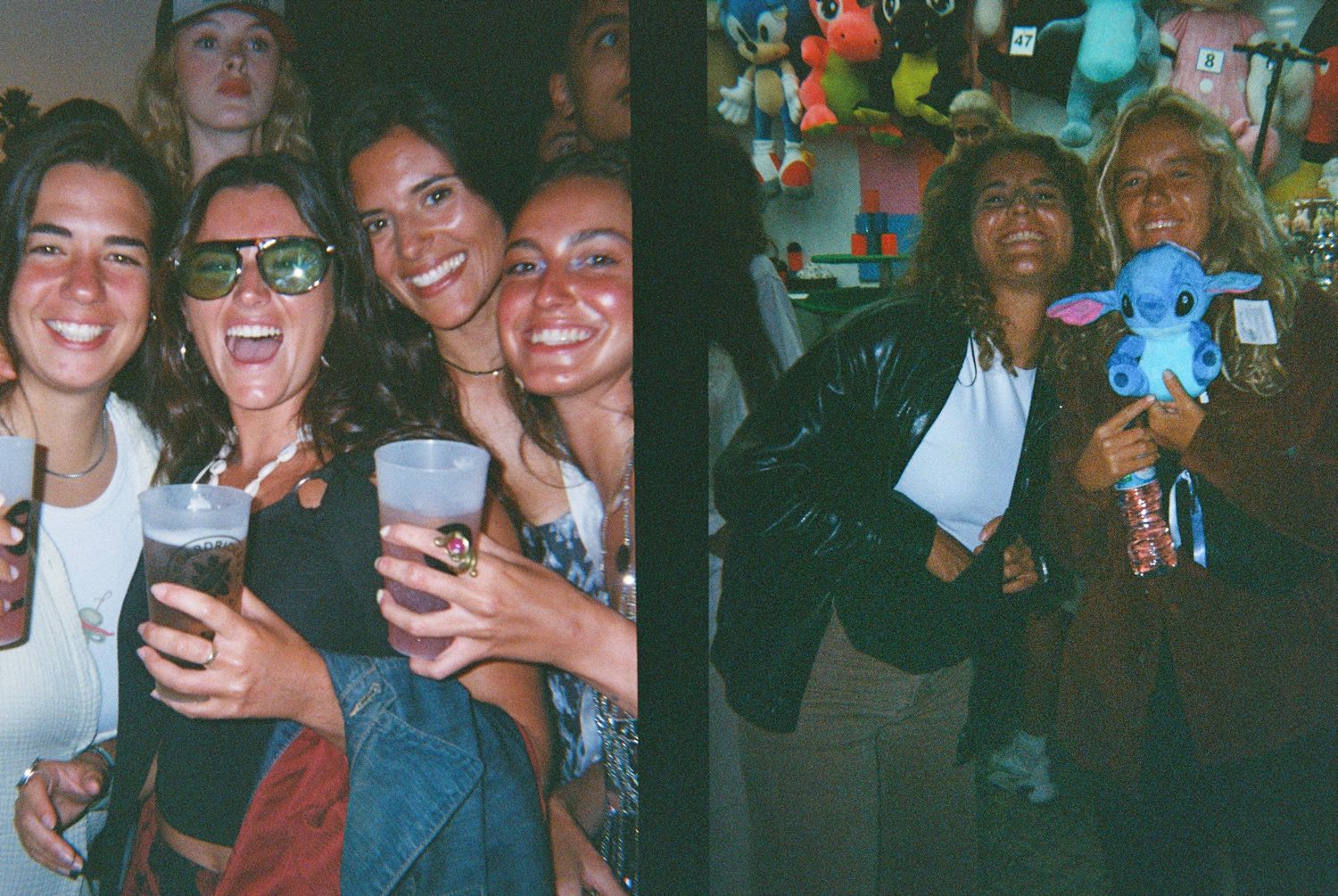 Collage of friends enjoying a night out with drinks and stuffed toys.