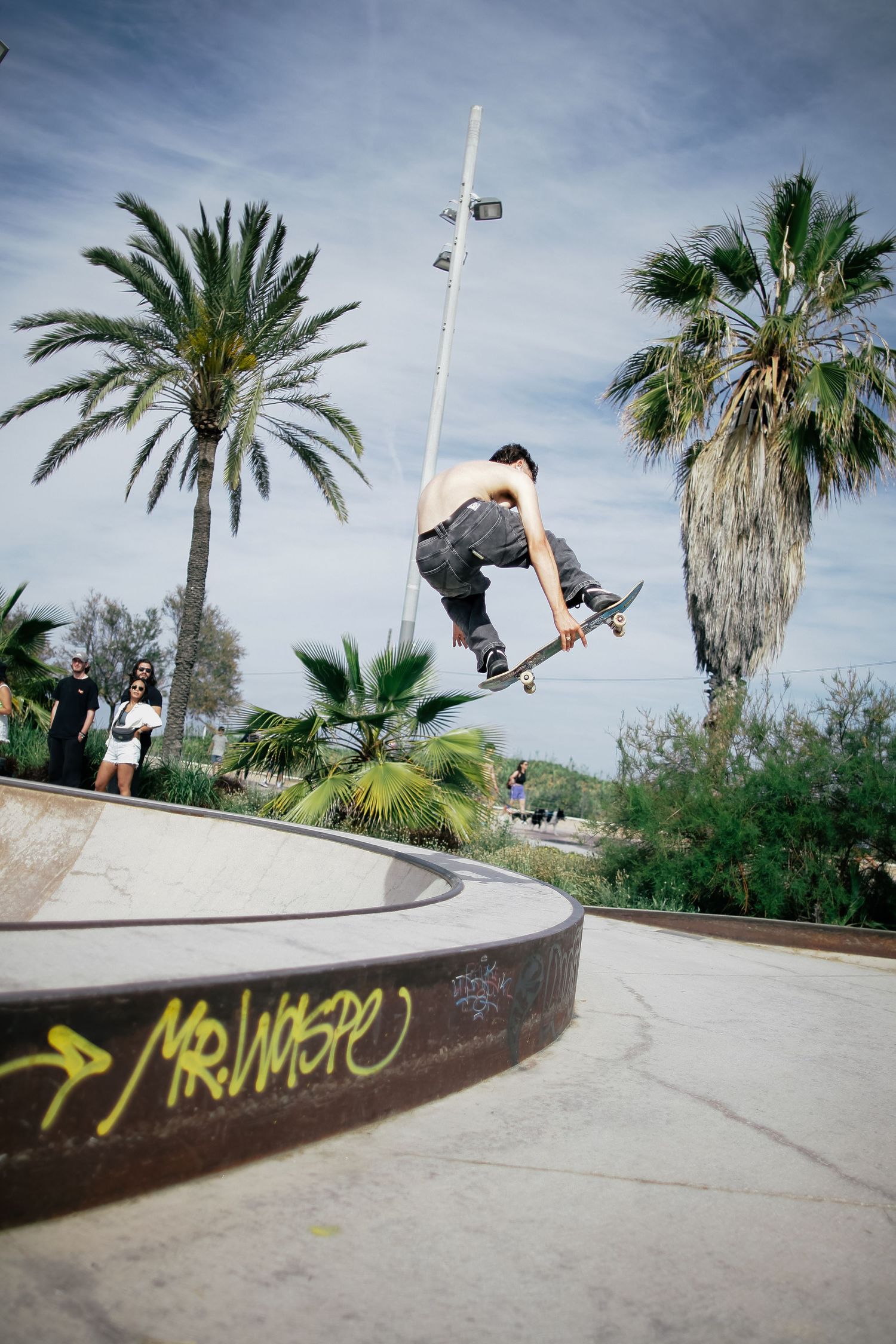 Skateboarder performing aerial trick over curved ramp with palm trees in tropical setting.