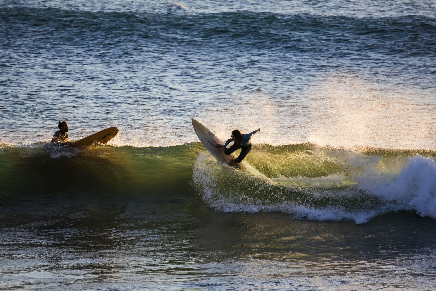 Multiple surfers catching waves on a bright sunny day.