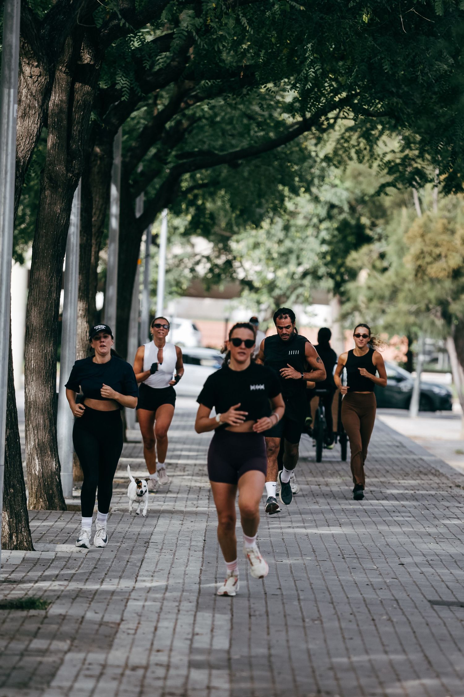 Athletes training together on a tree-lined path outdoors.