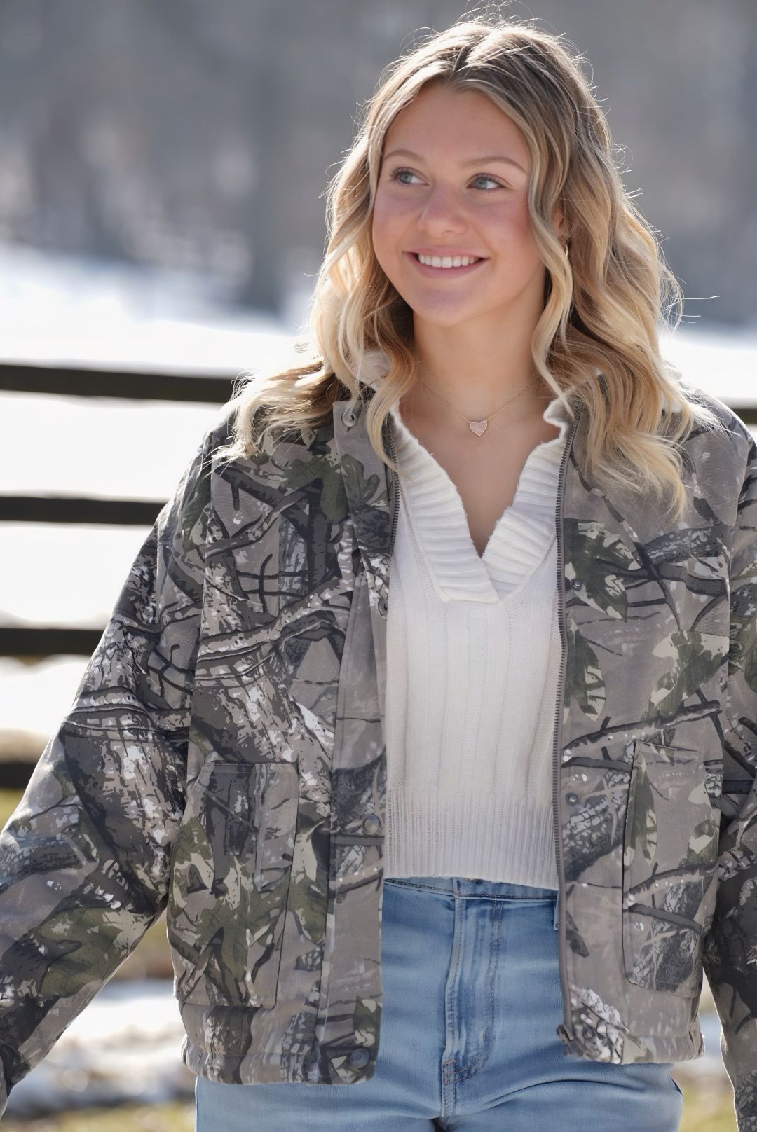 A series of photos showing someone wearing a camouflage jacket with a white sweater and jeans in winter scenery.