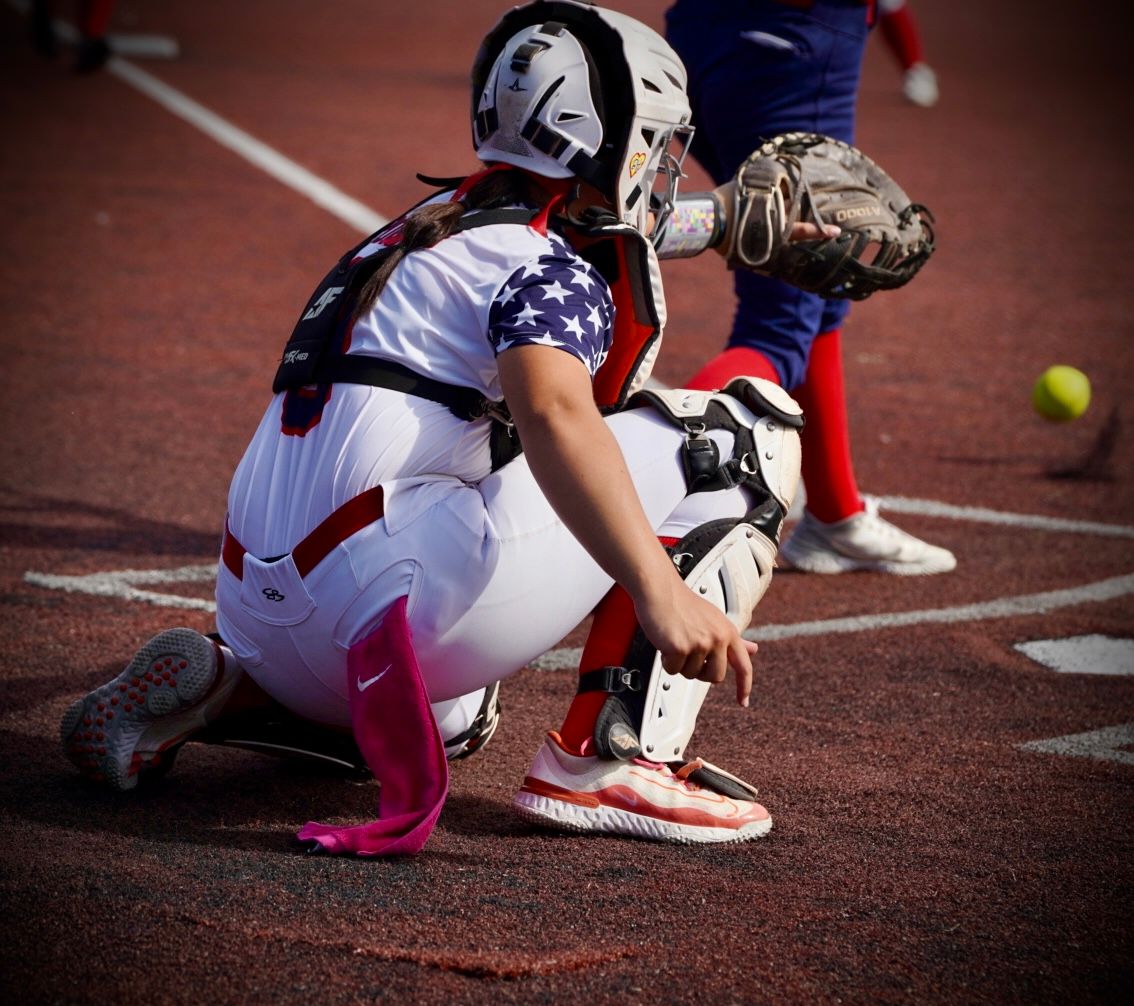 Catcher in patriotic uniform crouches behind home plate during softball game.