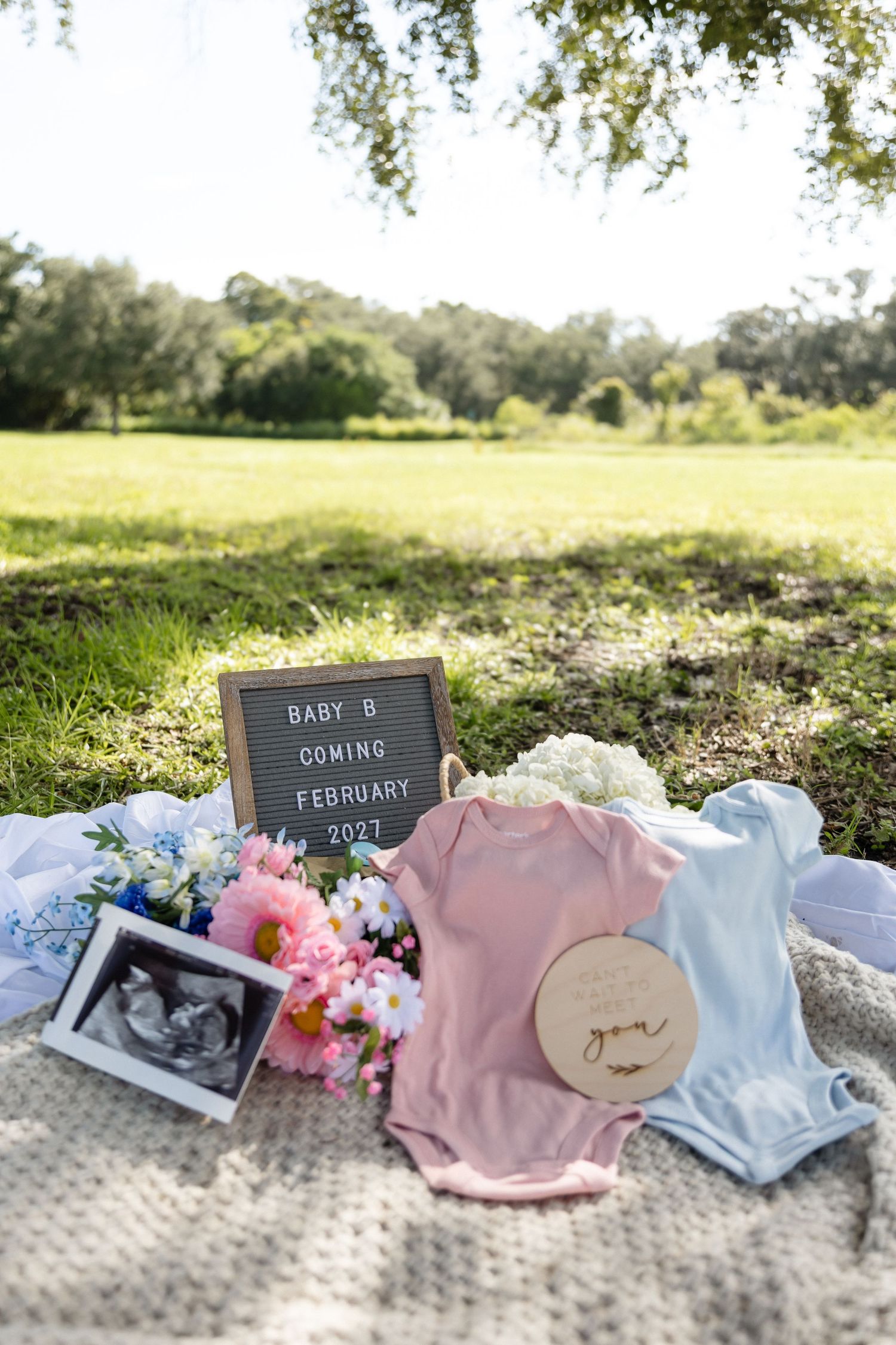 Baby announcement flat lay with pink and blue onesies, ultrasound photos, flowers, and a letter board saying Baby B Coming February 2021.