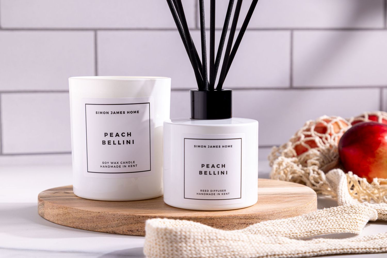 Styled product photography of Simon James Home luxury soy wax candle and reed diffuser. Homeware brand based in Kent.