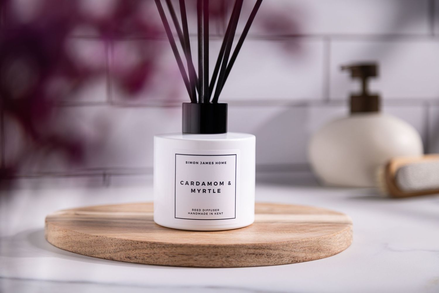 Styled product photography of Simon James Home luxury reed diffuser. Professional image for a homeware brand based in Ashford Kent.