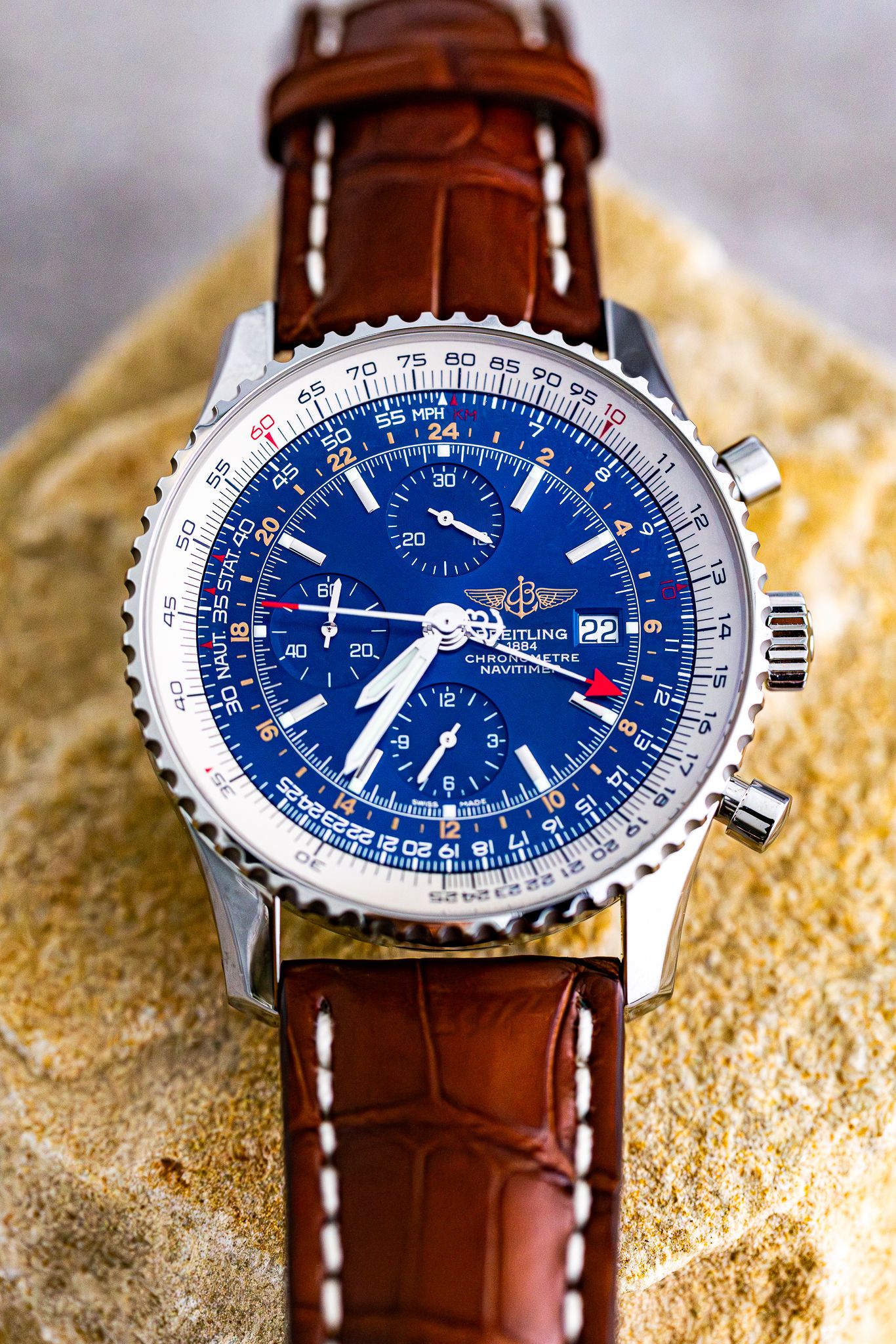 Styled product photography of a pre-owned Breitling mens luxury watch. Watch photography in East Kent.