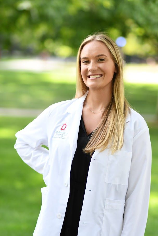 A sequence of professional headshots showing a person in a white lab coat against a green outdoor background.