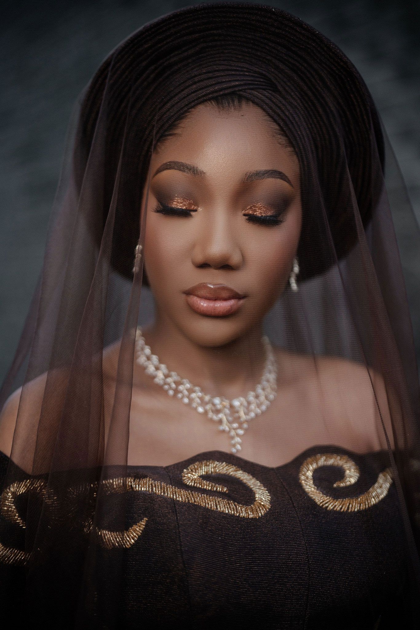 Close-up portrait series showing elegant makeup and pearl necklace against dark background.