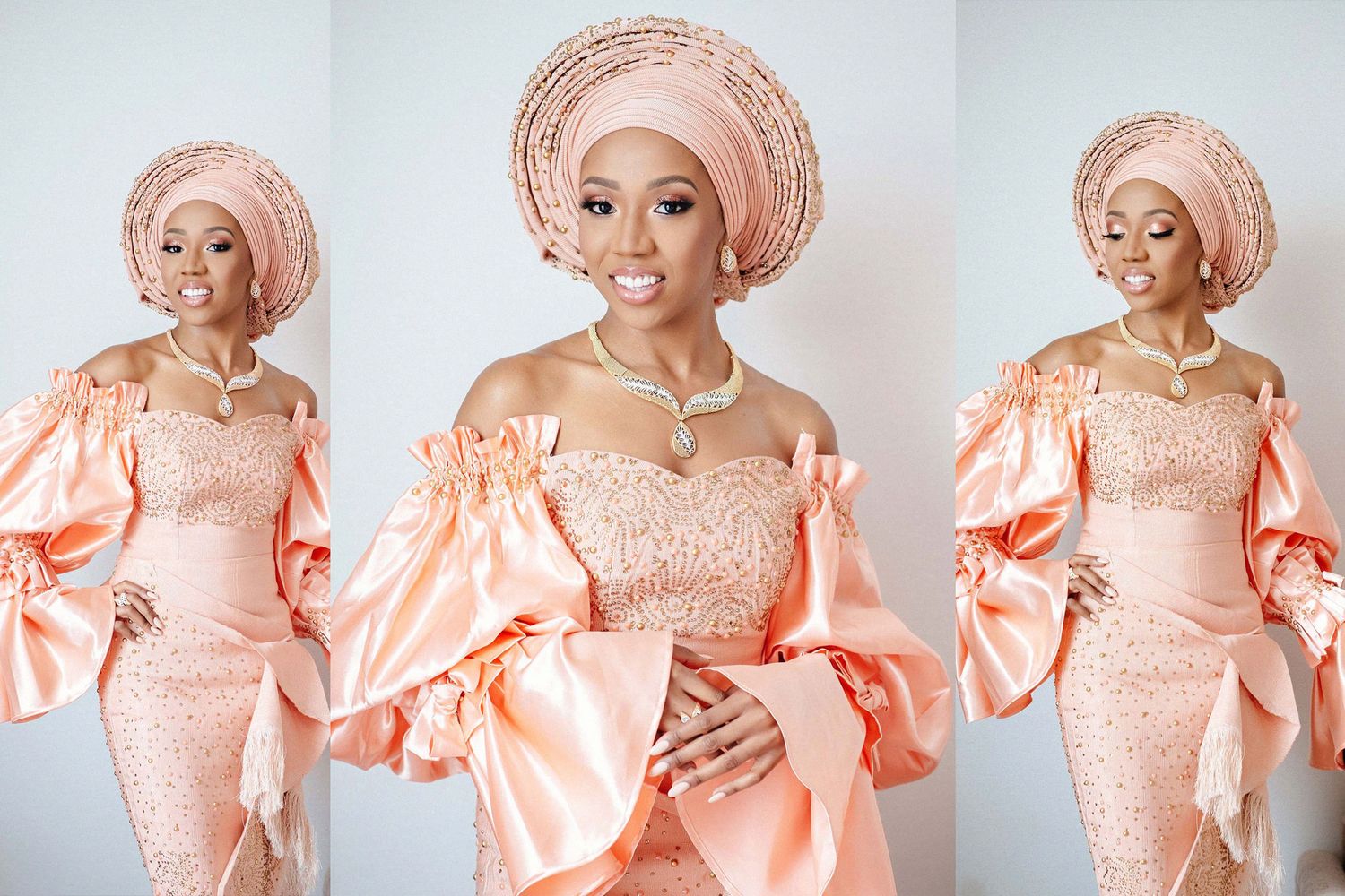 A series of fashion shots showing a woman in a peach-colored dress with dramatic sleeves.