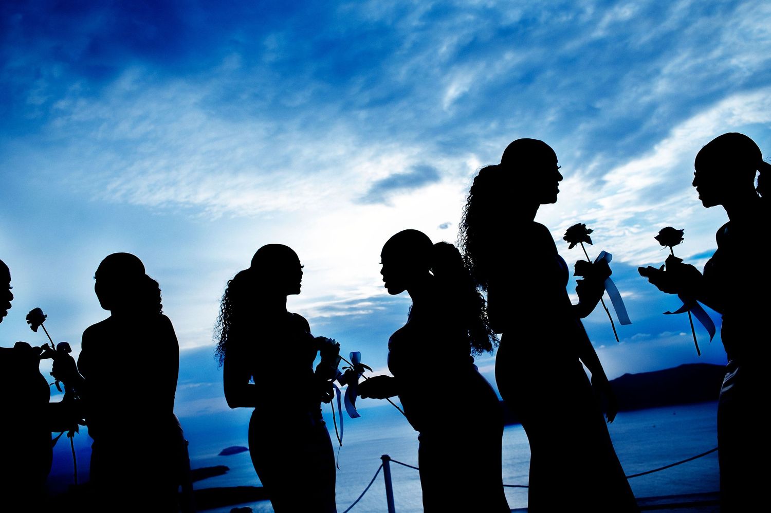 Silhouettes of wedding guests against a dramatic blue sky during sunset.