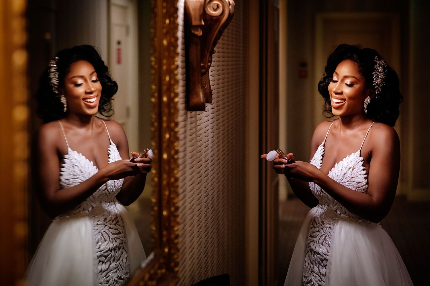 A joyful moment captured in a sequence of photos showing someone in a white dress laughing and expressing delight.