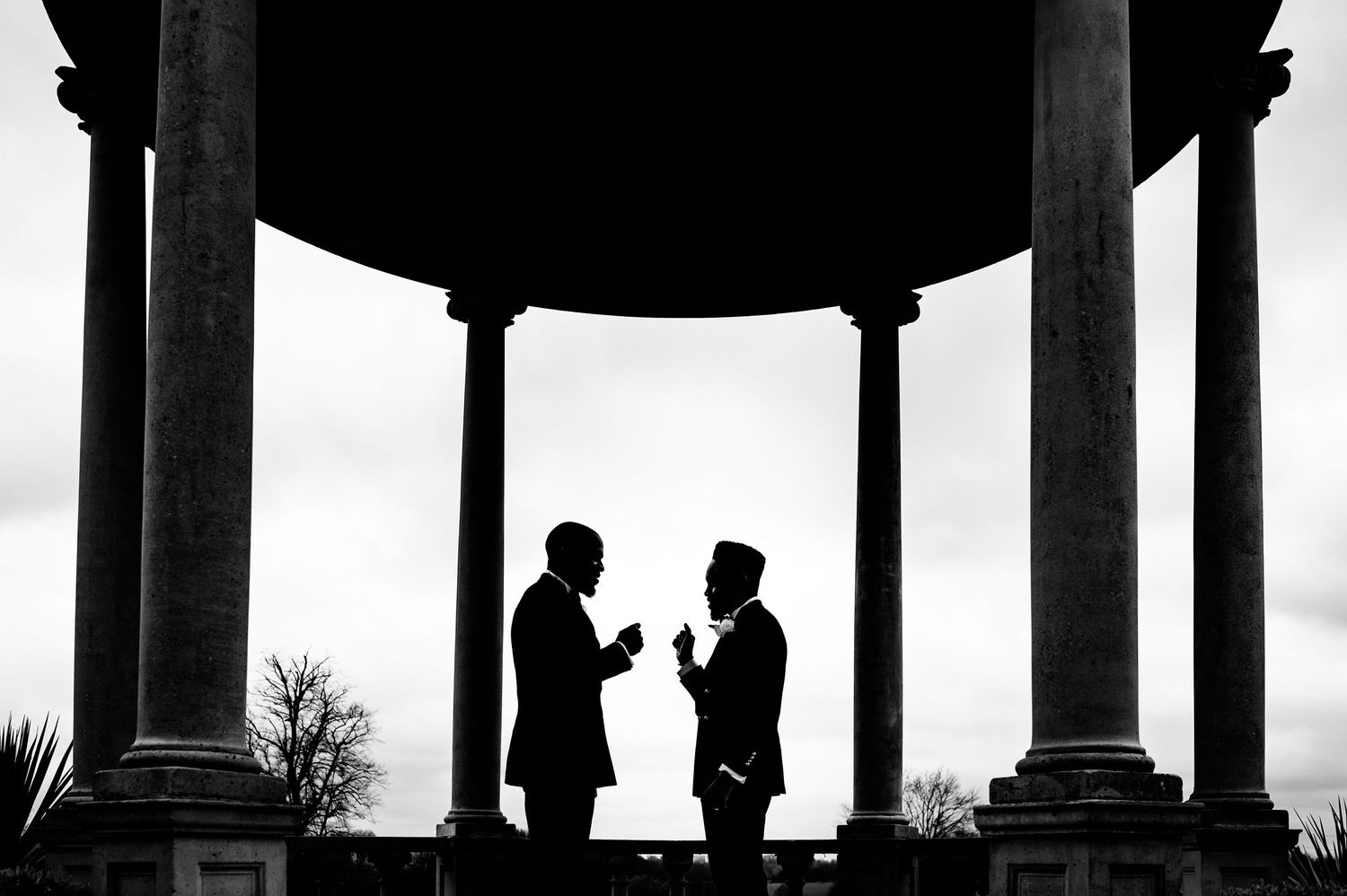 Dramatic black and white architectural silhouette with columns and arches.
