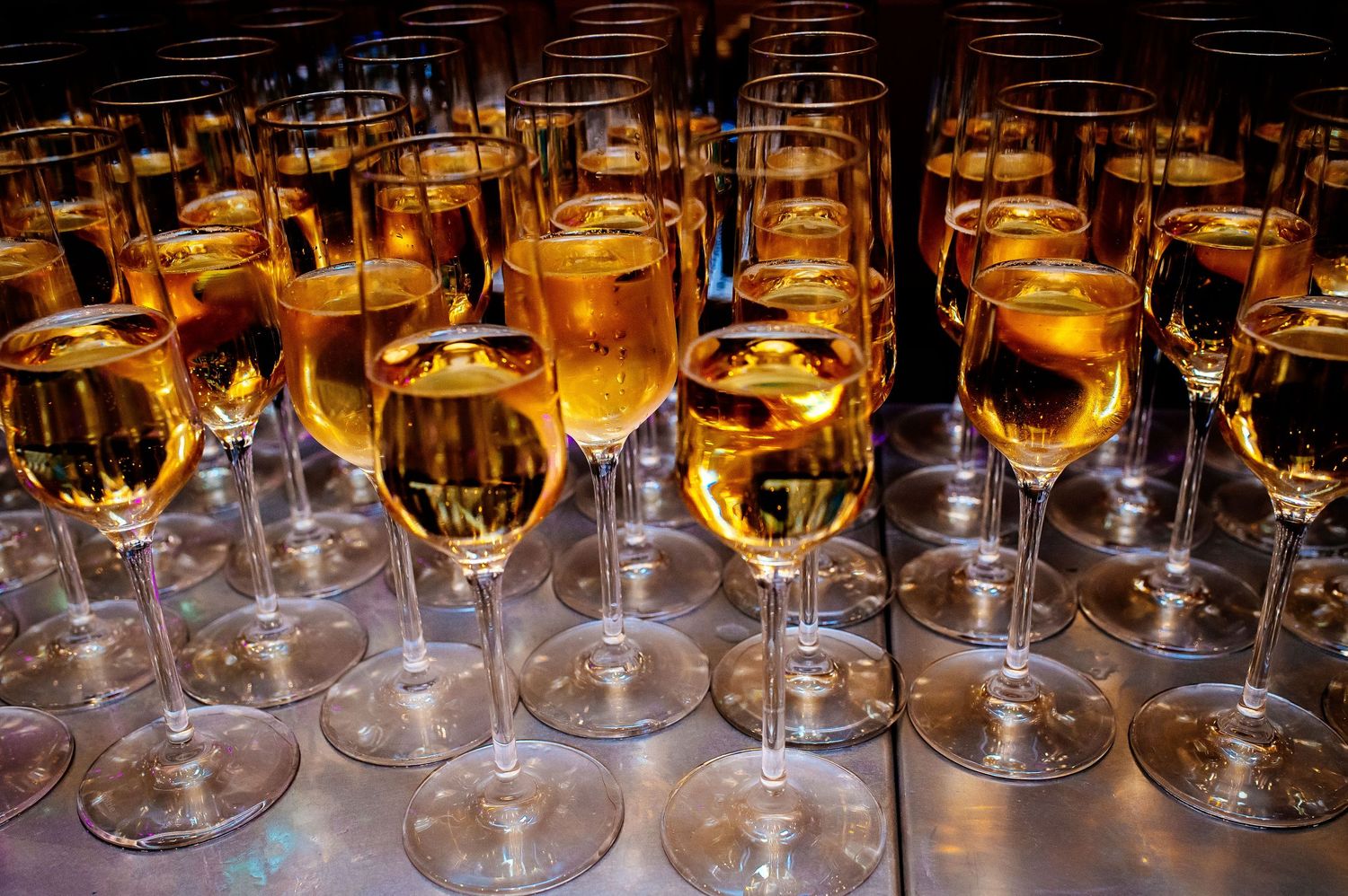 Long row of champagne glasses arranged for wedding reception celebration.
