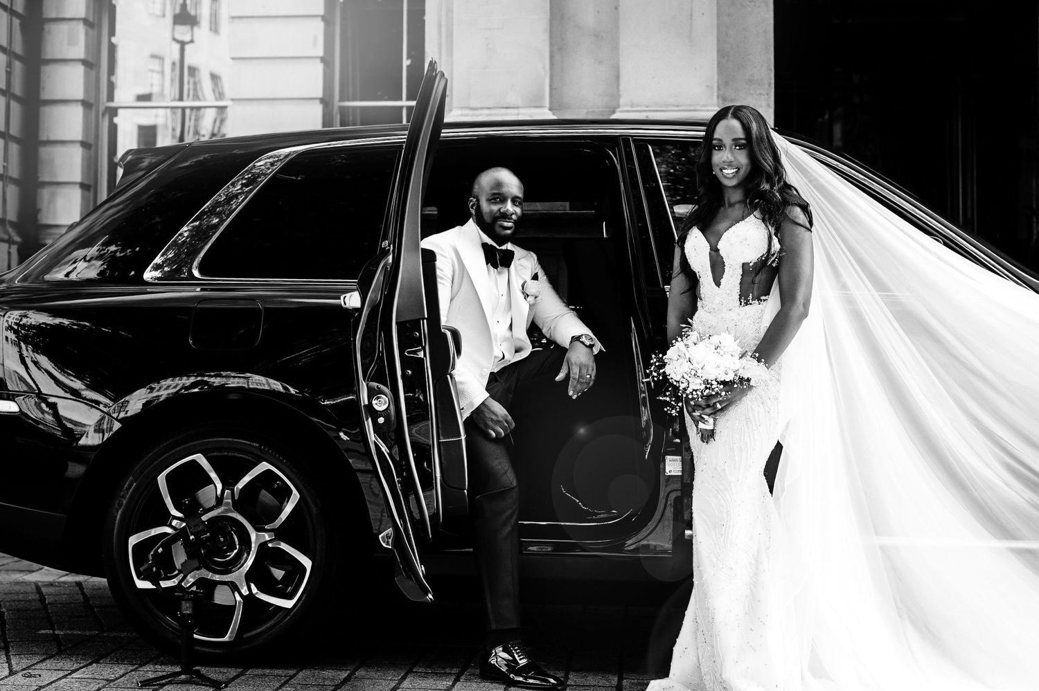 Black and white wedding photography sequence showing couple entering vintage car.