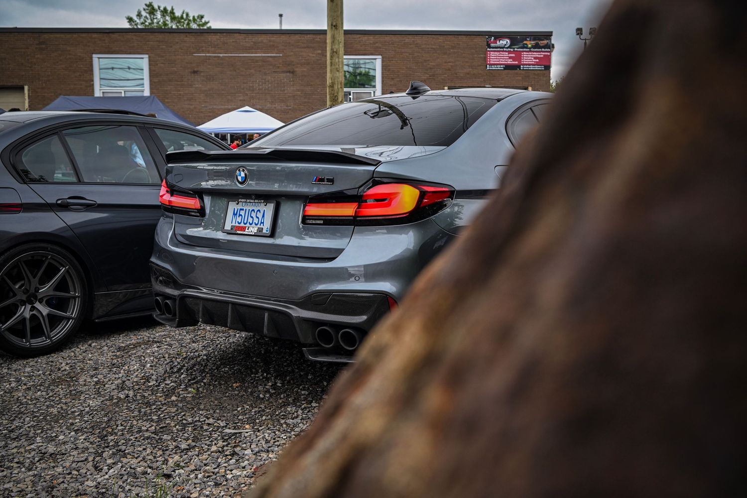 Rear three-quarter view of a gray BMW M5 sedan parked in a gravel lot, partially framed by a blurry tree trunk in the foreground.