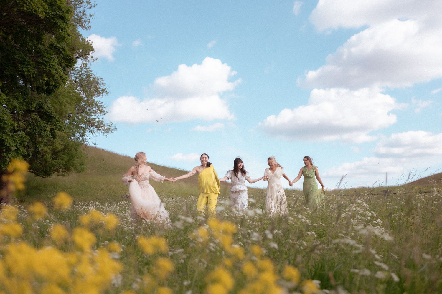 Five women in elegant dresses hold hands walking through a sunny yellow wildflower field.