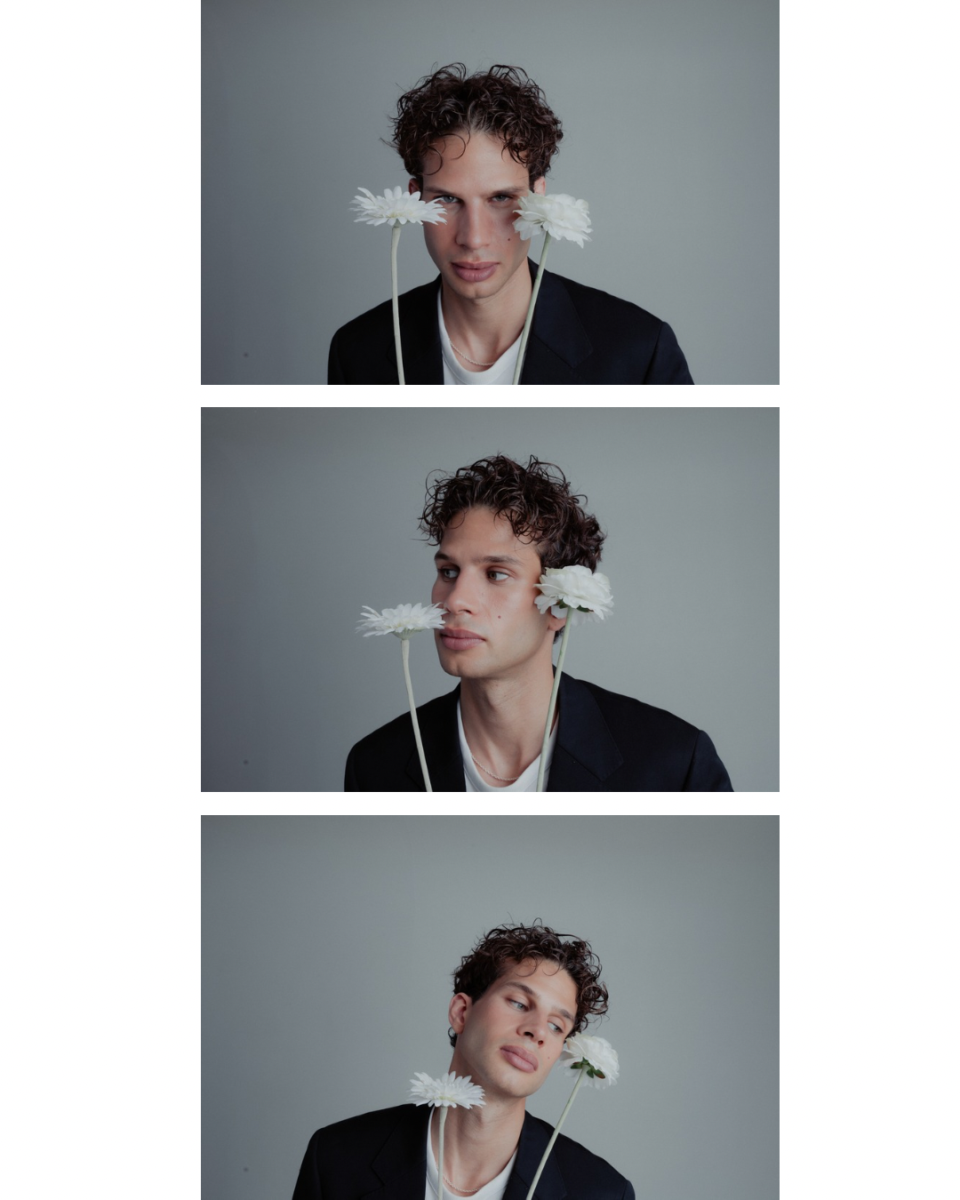 A young man in a black blazer poses with white flowers in three sequential studio shots.