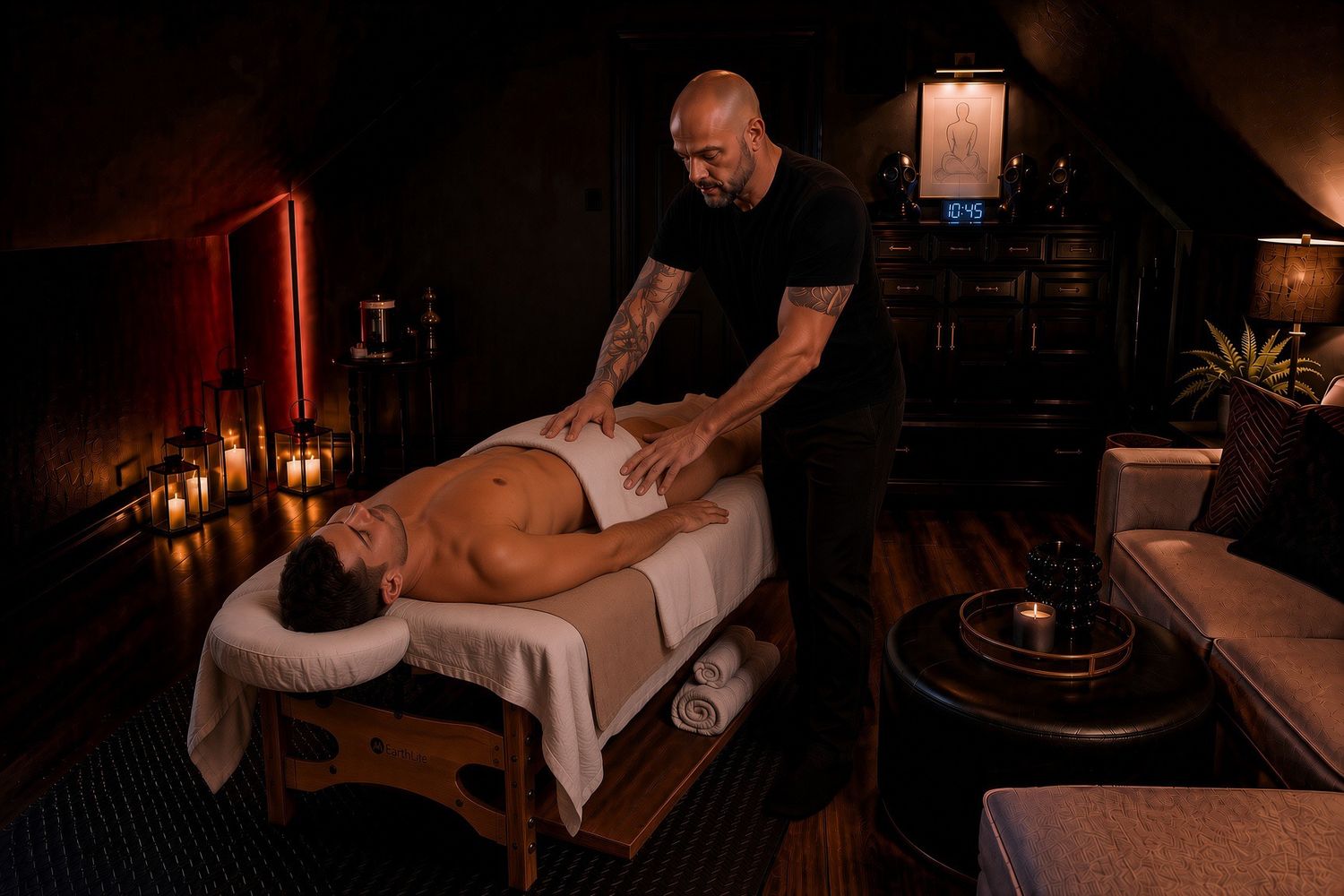 Professional massage therapist performing a relaxing back massage on a client in a dimly lit luxury spa.