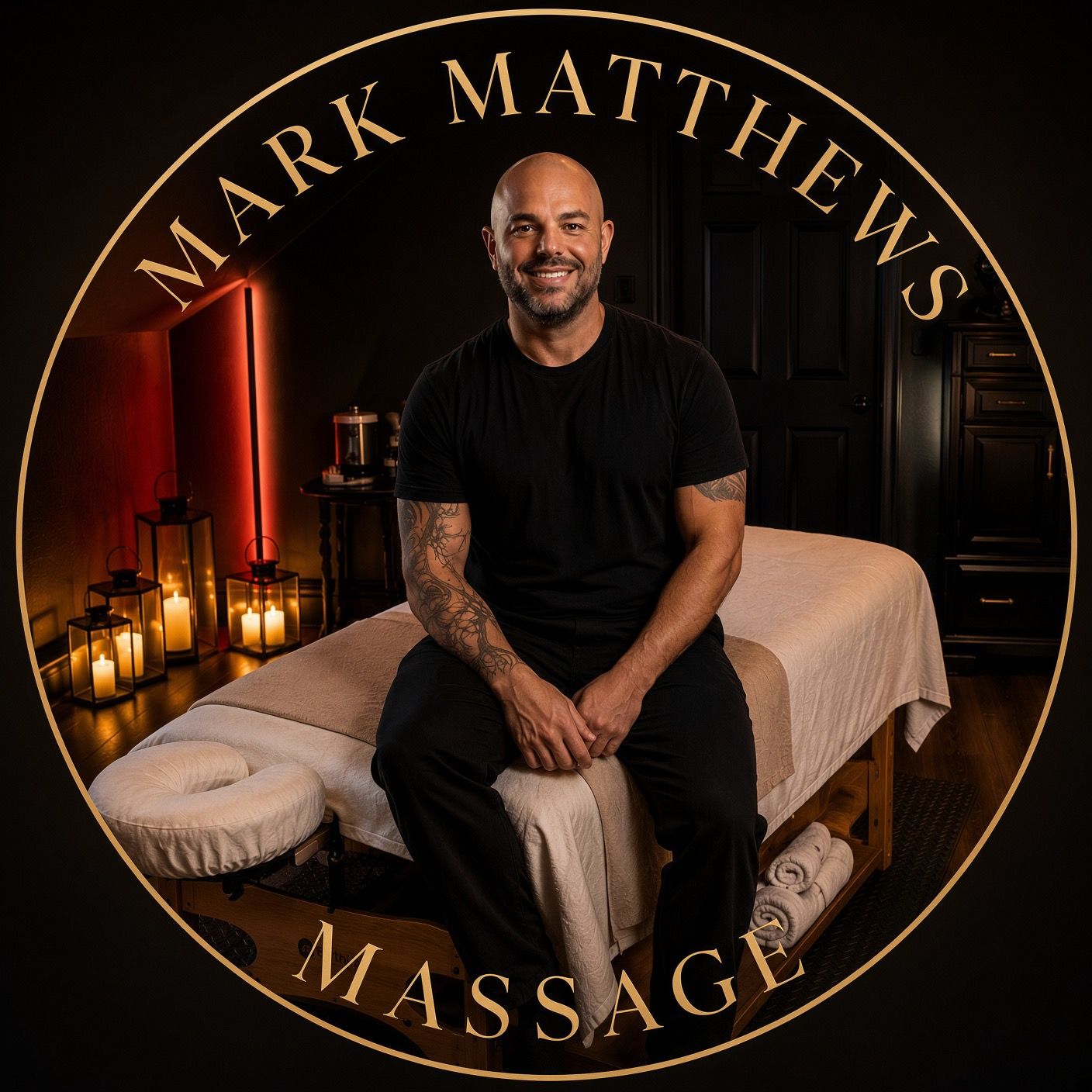Mark Matthews Massage therapist sitting on a massage table in a candlelit room, wearing black attire with tattoos.