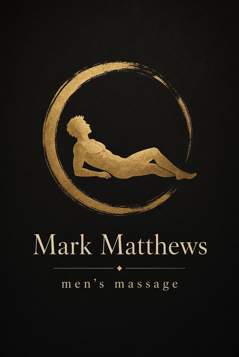 Gold logo for Mark Matthews men's massage featuring a reclining male silhouette inside a brushstroke circle on black.