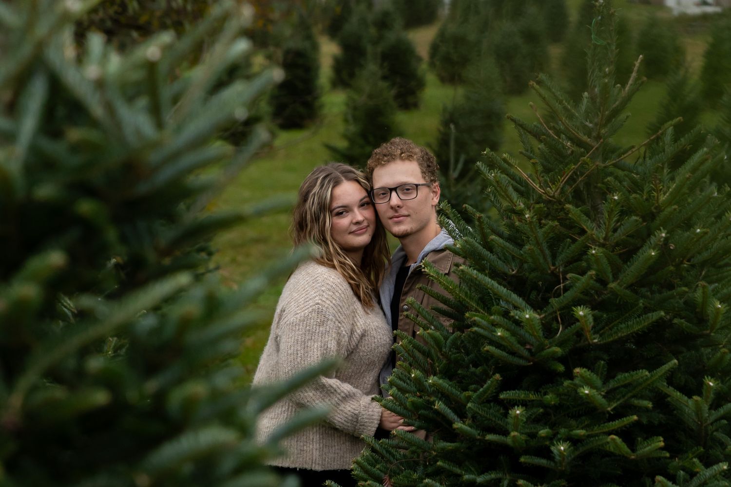 Couple embracing among lush green Christmas trees at a festive tree farm during the holiday season.