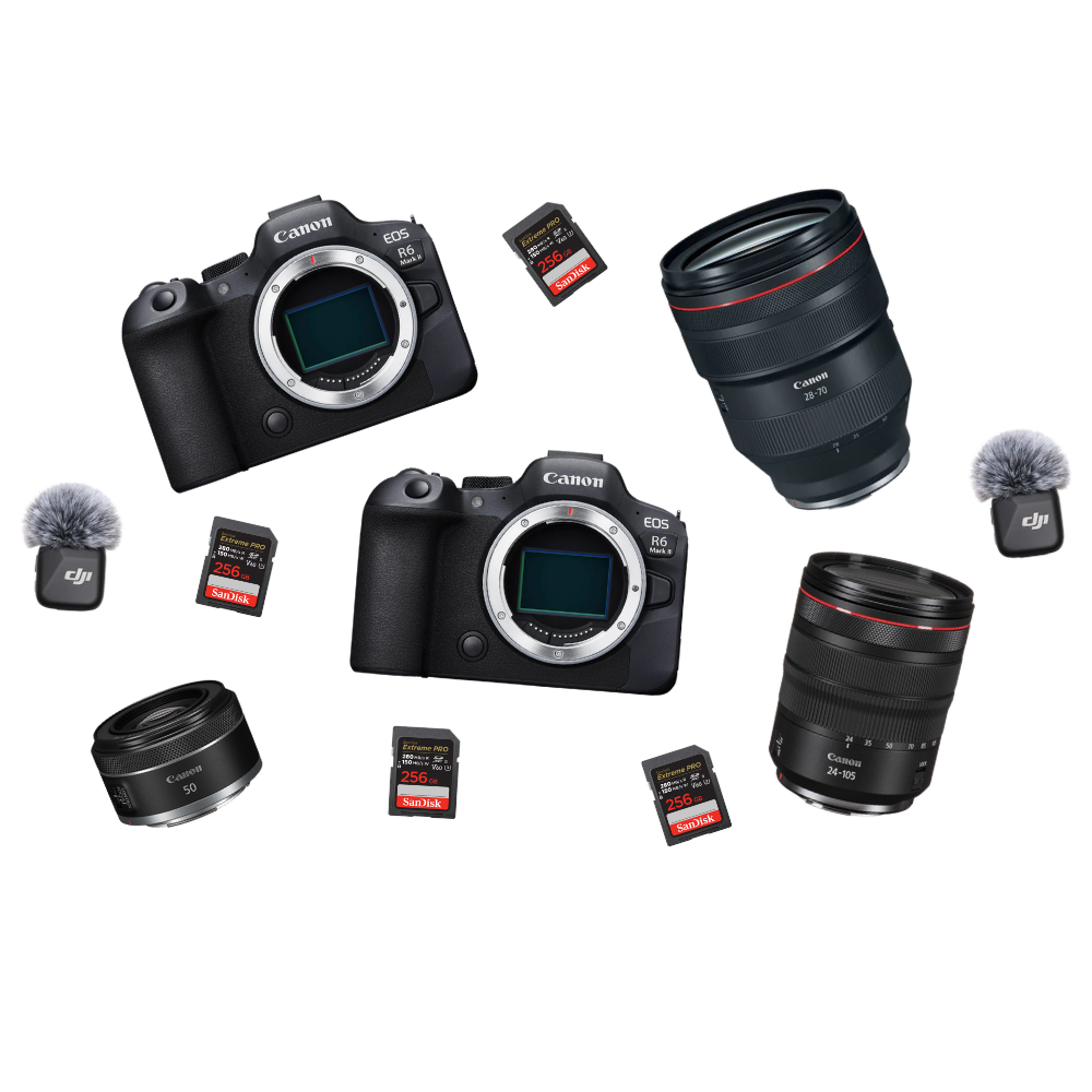 Canon mirrorless cameras with RF lenses, SD memory cards, and DJI microphones on white background.