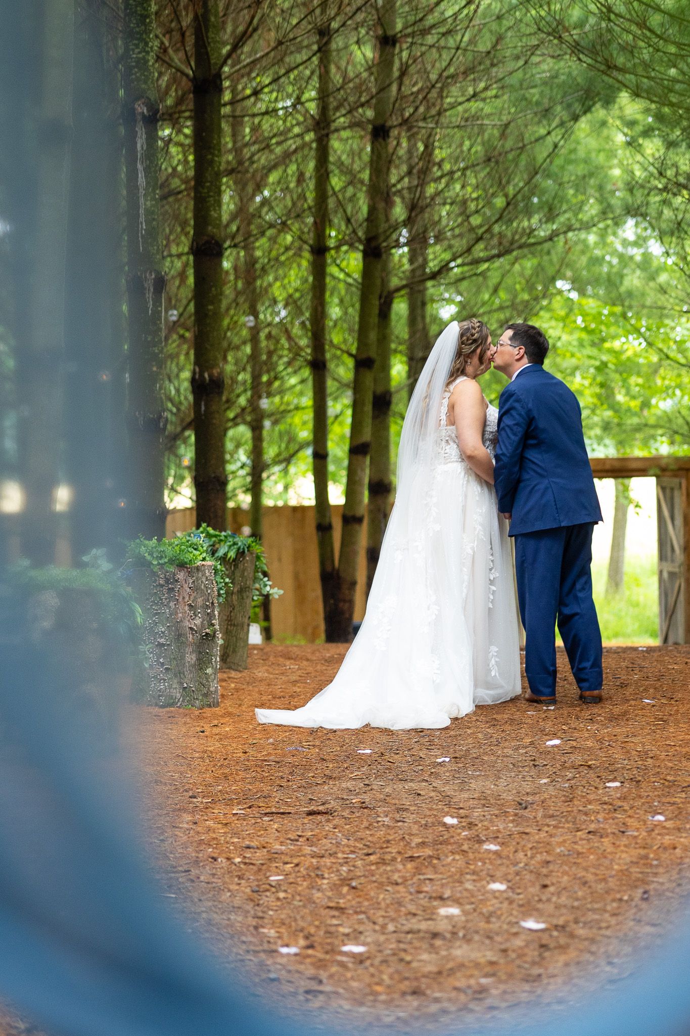 Bride and groom sharing a kiss in a pine forest, bride wearing long white gown with veil.