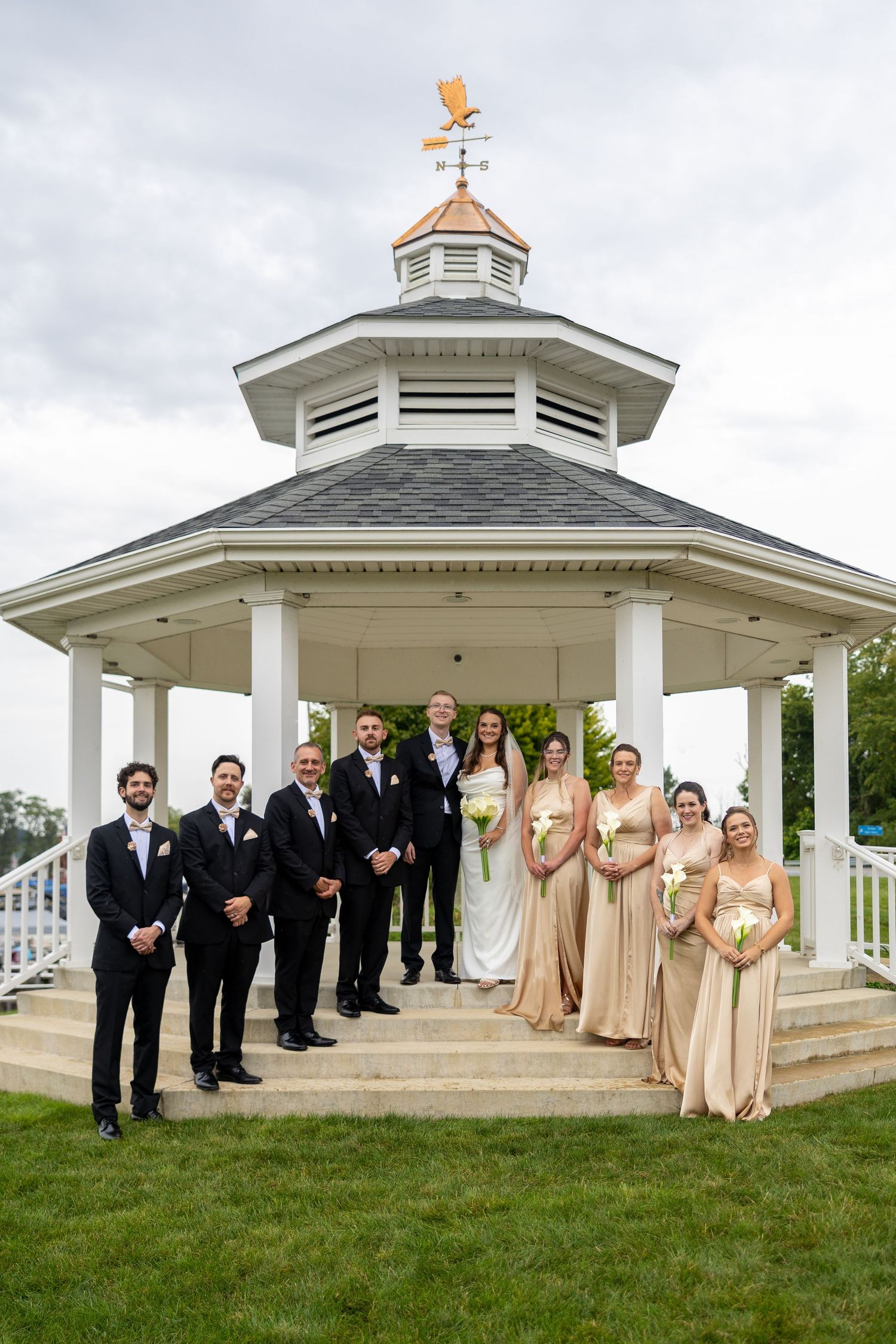 Wedding party poses on gazebo steps, groomsmen in black suits and bridesmaids in gold dresses with bride and groom centered.